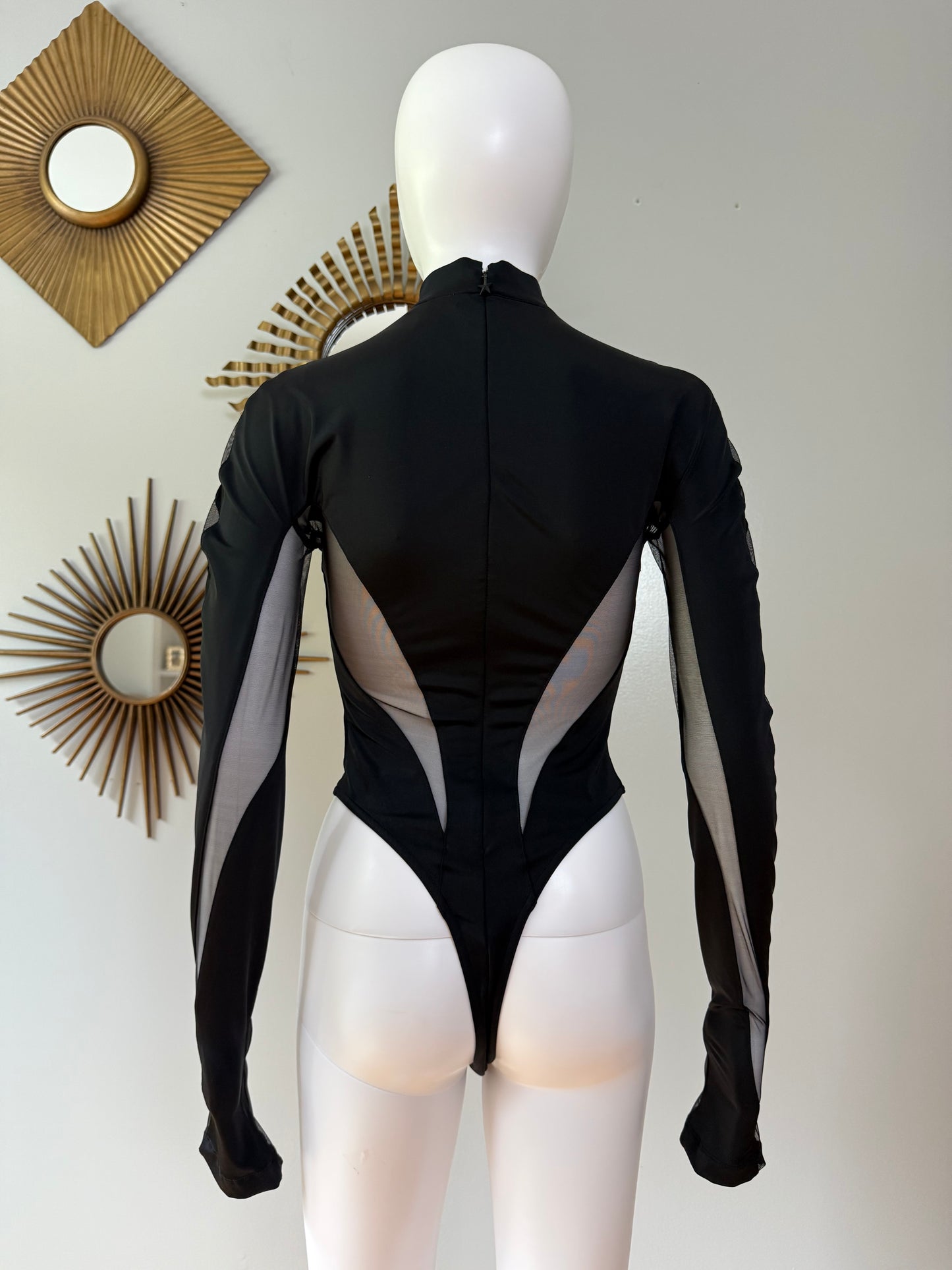 Mugler x H&M - Black Mesh Paneled Stirrup Bodysuit/Leggins Set