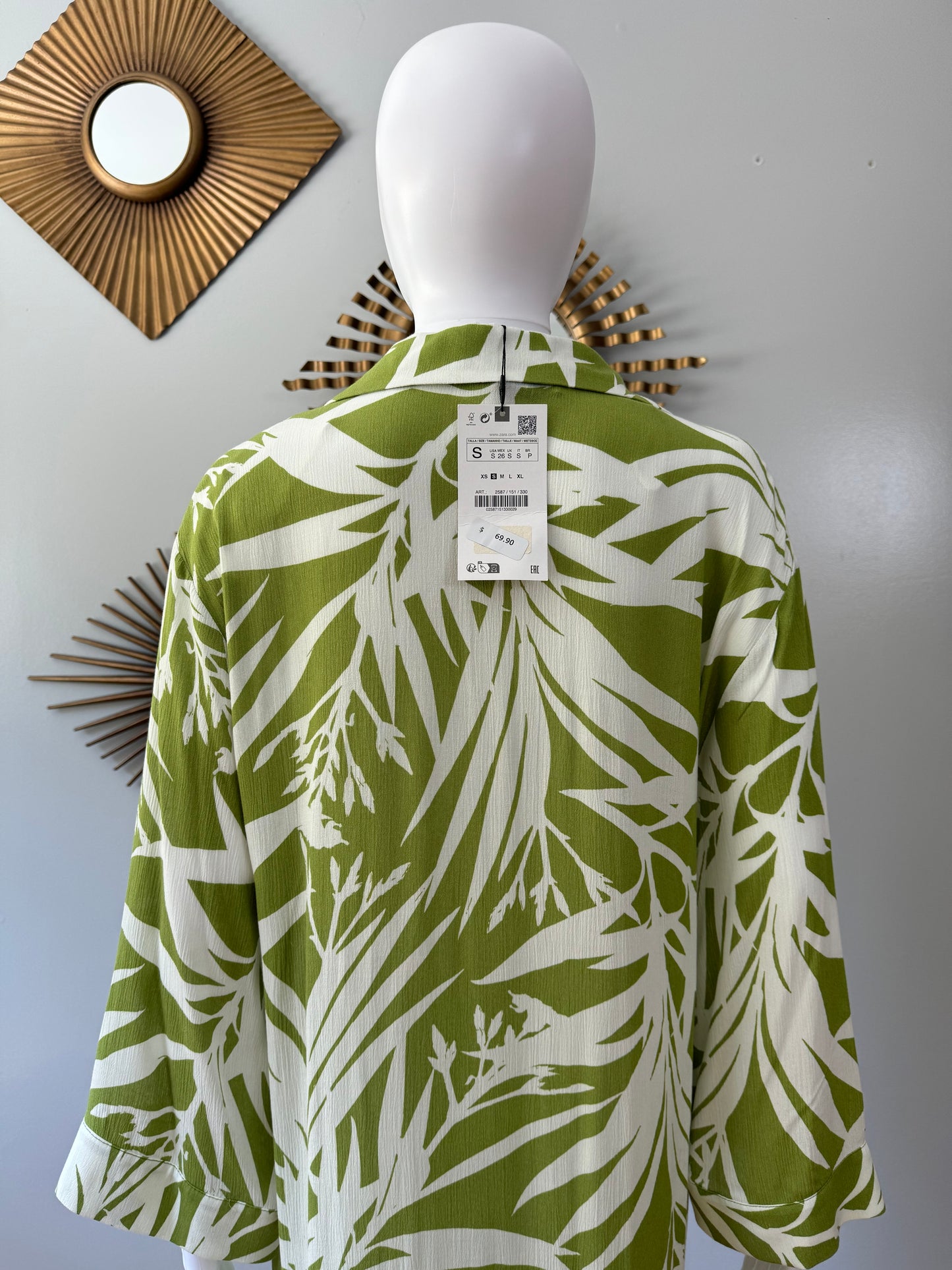 ZARA- Green Leaf Printed Kaftan Midi Dress