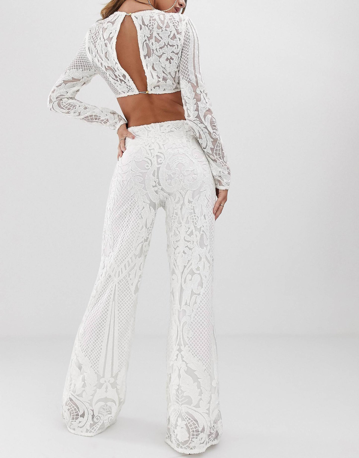 Club L London - White Allover Baroque Sequin Flare Pants