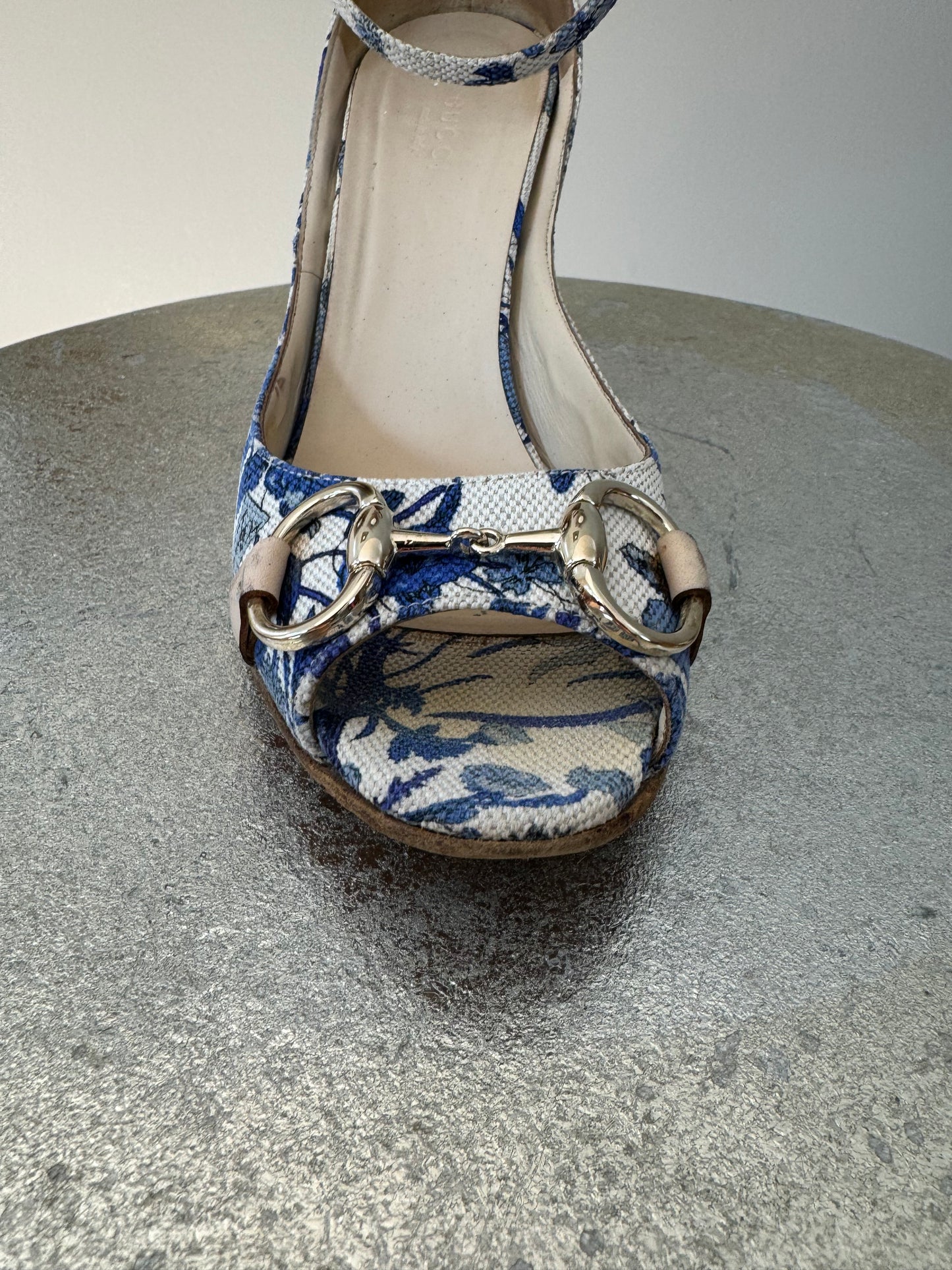 GUCCI -  Blue Floral Horsebit Raffia Wedge Sandals