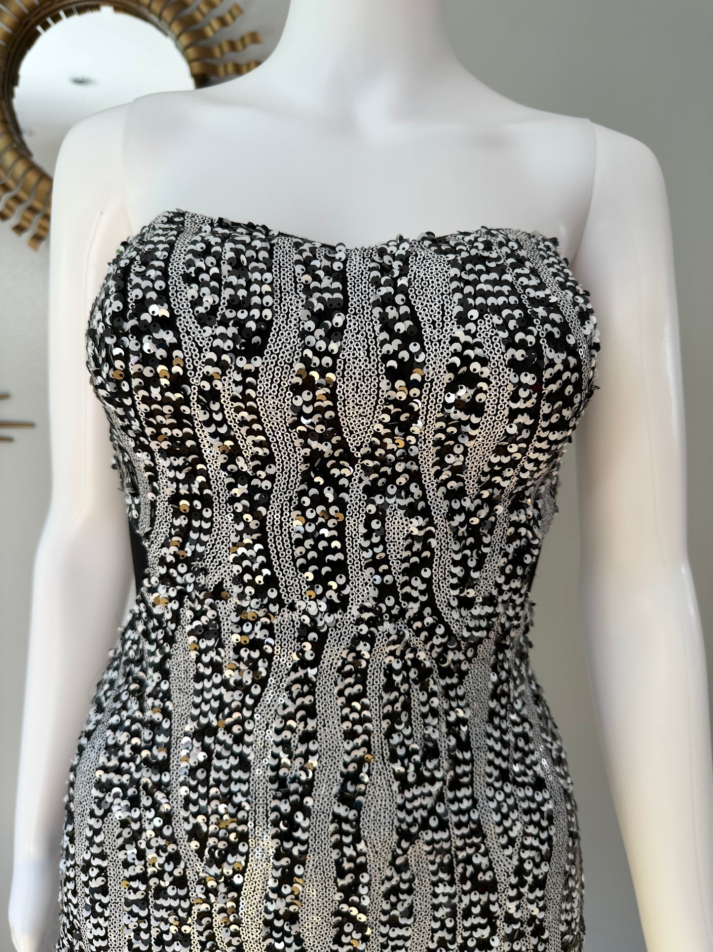 Bebe - Black & White Sequin Strapless Mini Dress