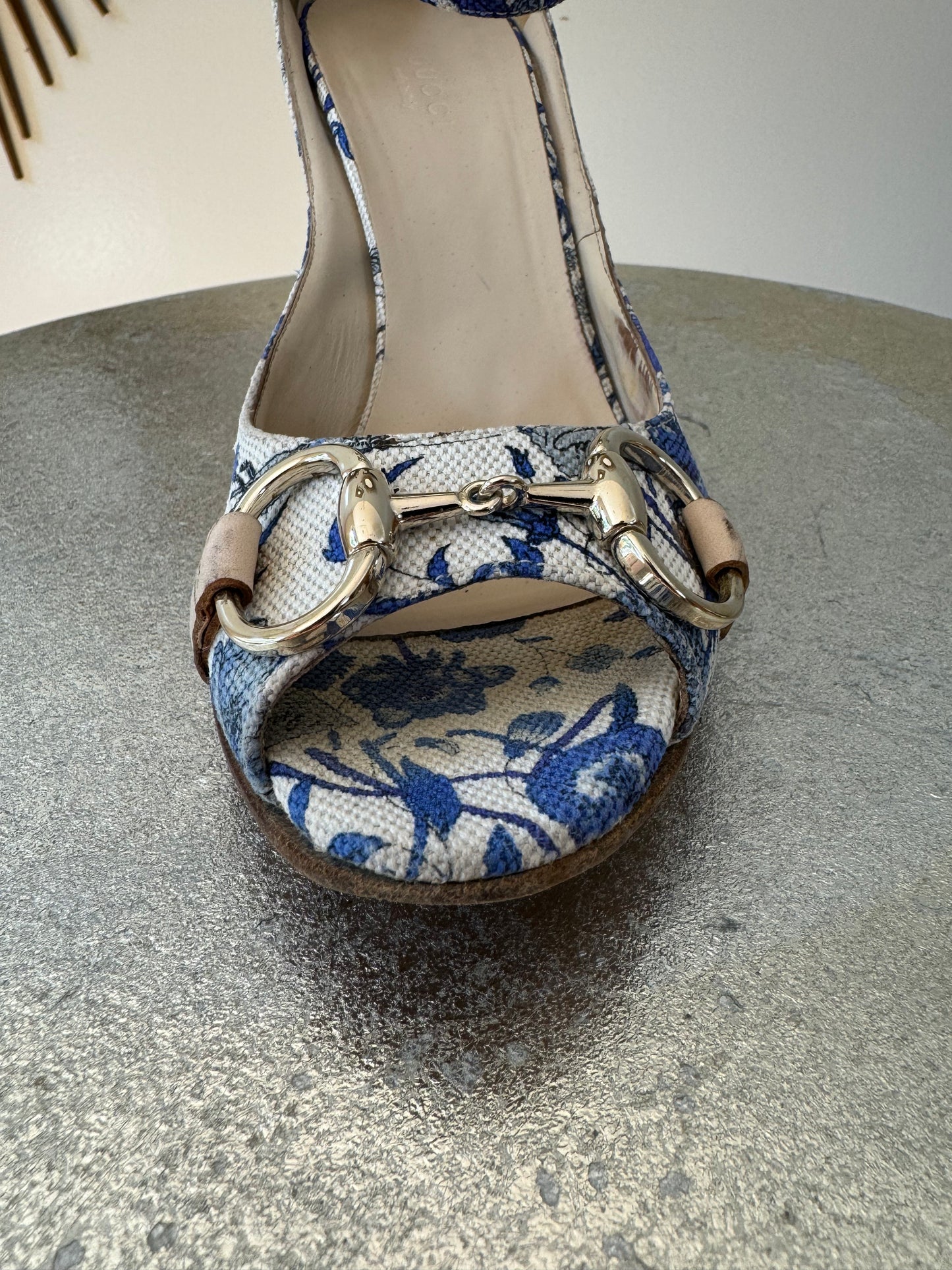 GUCCI -  Blue Floral Horsebit Raffia Wedge Sandals