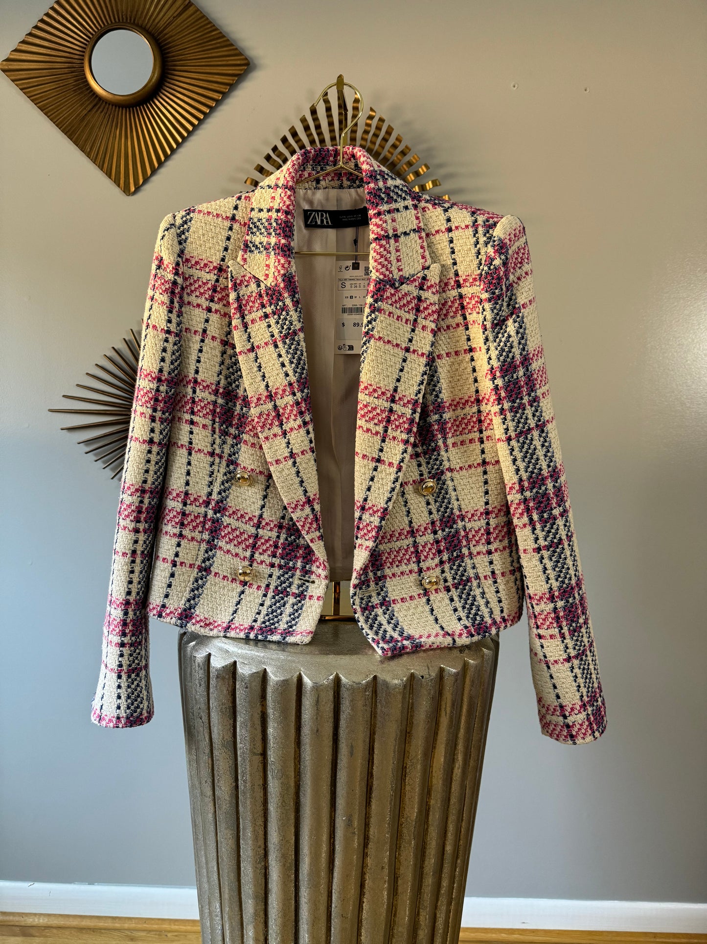 ZARA - BLUE & PINK PLAID TWEED DOUBLE BREASTED BLAZER