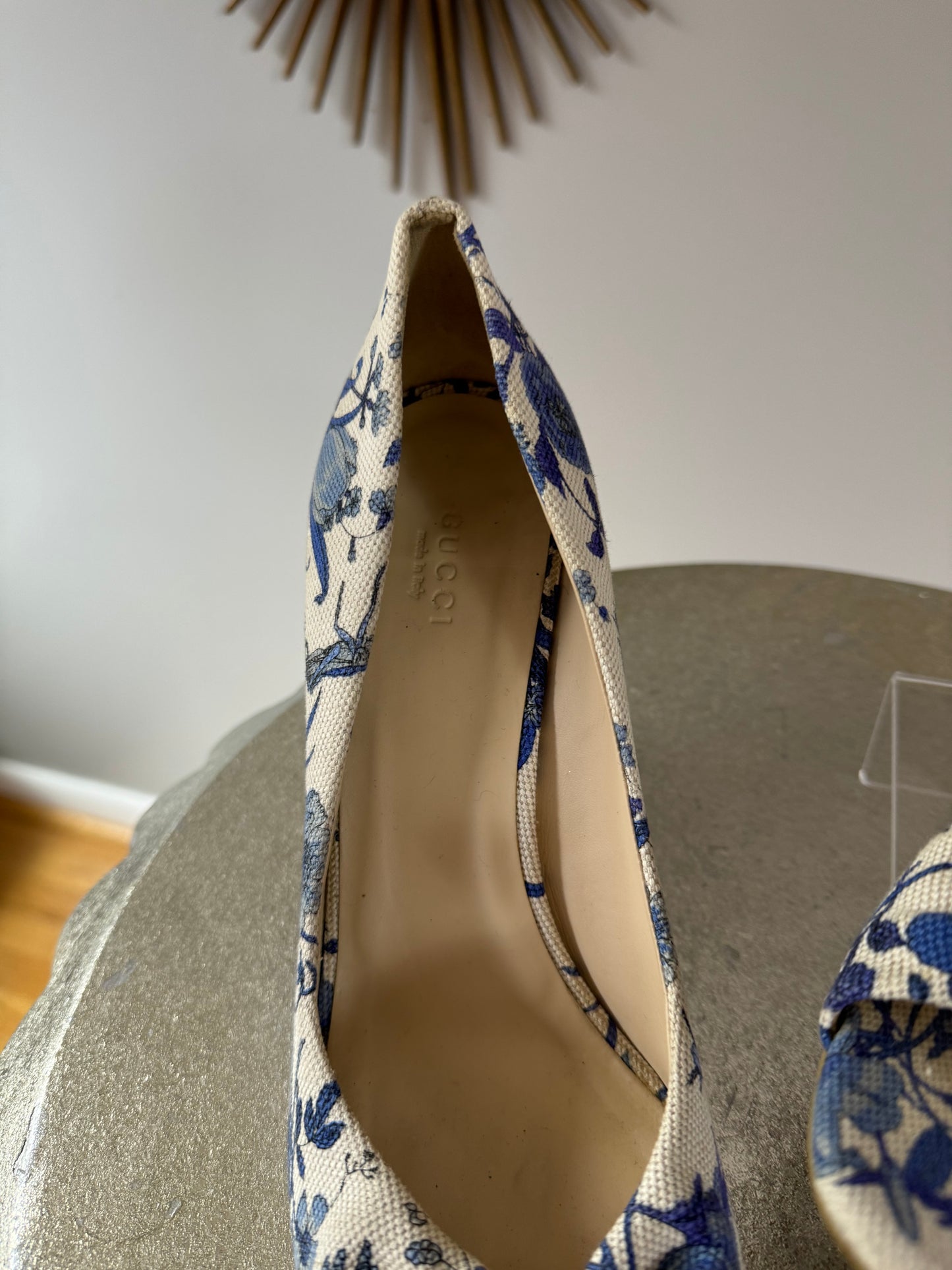 GUCCI- Blue Floral Canvas Wedge Sandal