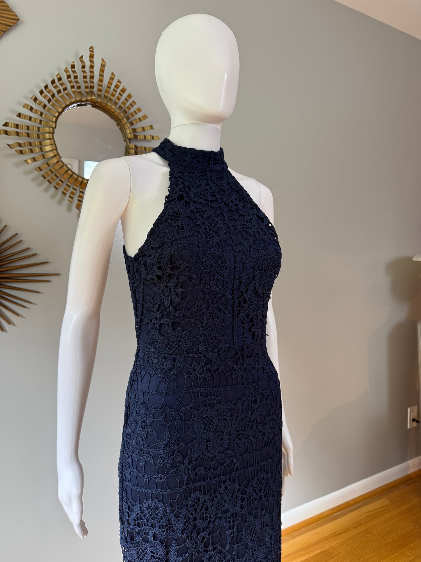 Missguided - Blue Lace High Neck Fishtail Dress