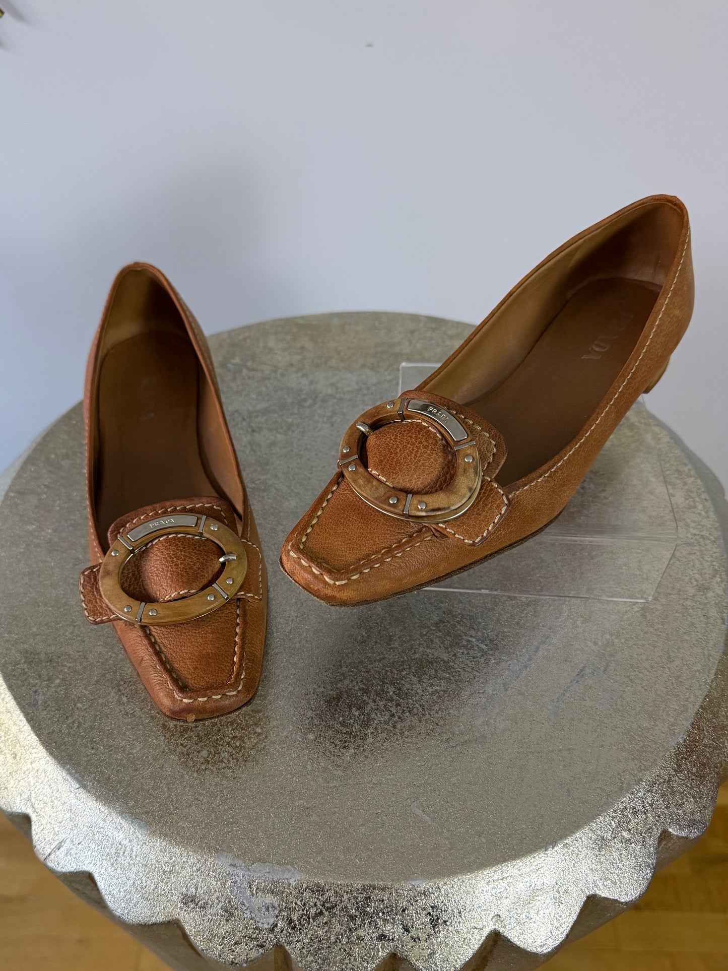 Prada - Tan Leather Loafers w/ Wood Accent
