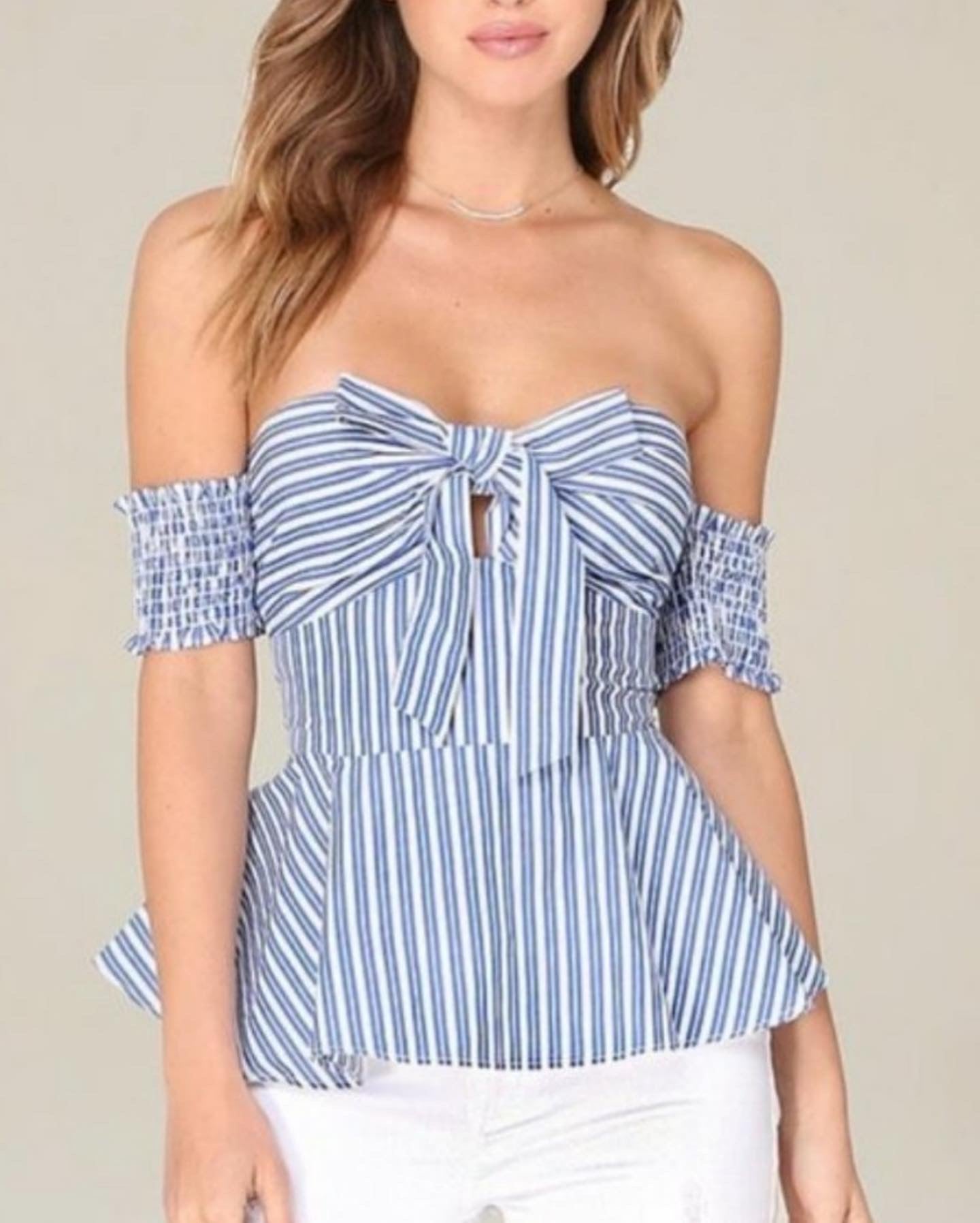 BEBE - Blue Off Shoulder Peplum Top w/ Bow Detail