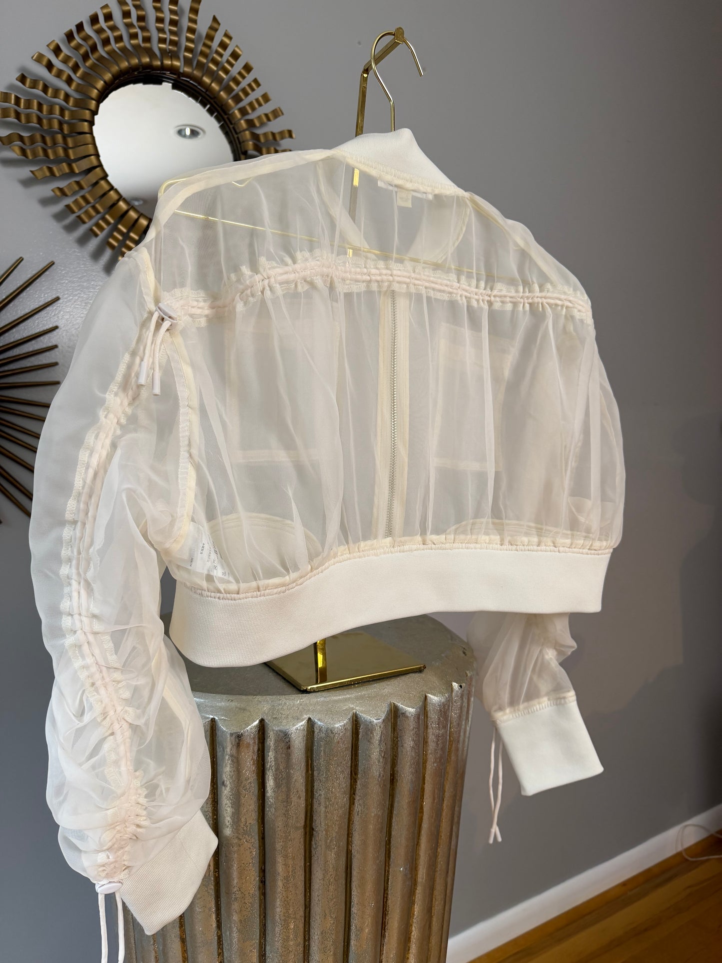 SNIDEL - Beige Sheer Cropped Bomber Jacket