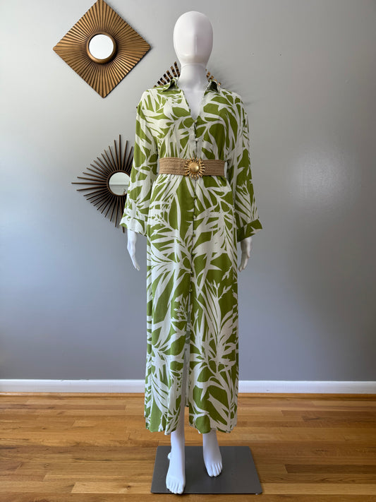 ZARA- Green Leaf Printed Kaftan Midi Dress