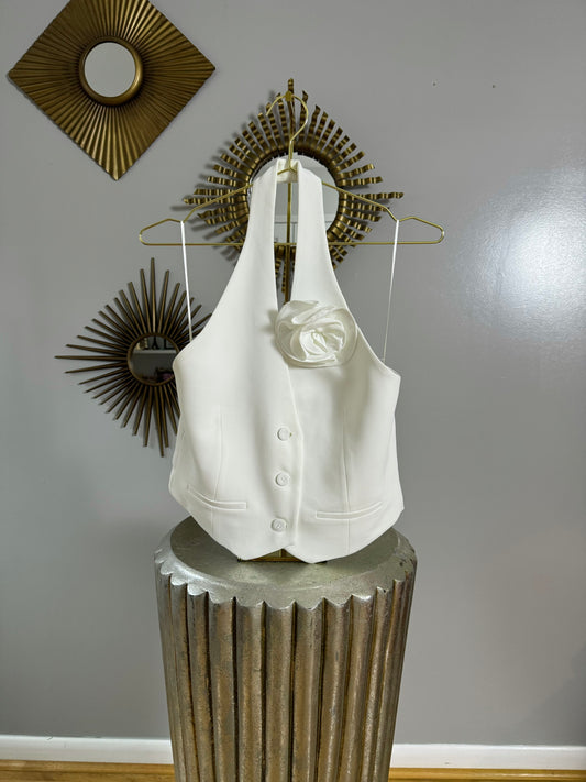 MANGO - White Vest w/ Flower Appliqué