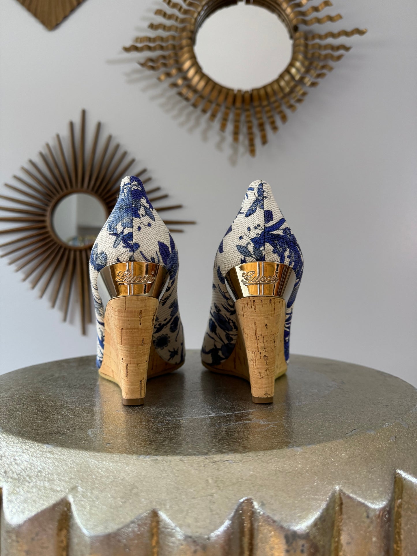 GUCCI- Blue Floral Canvas Wedge Sandal