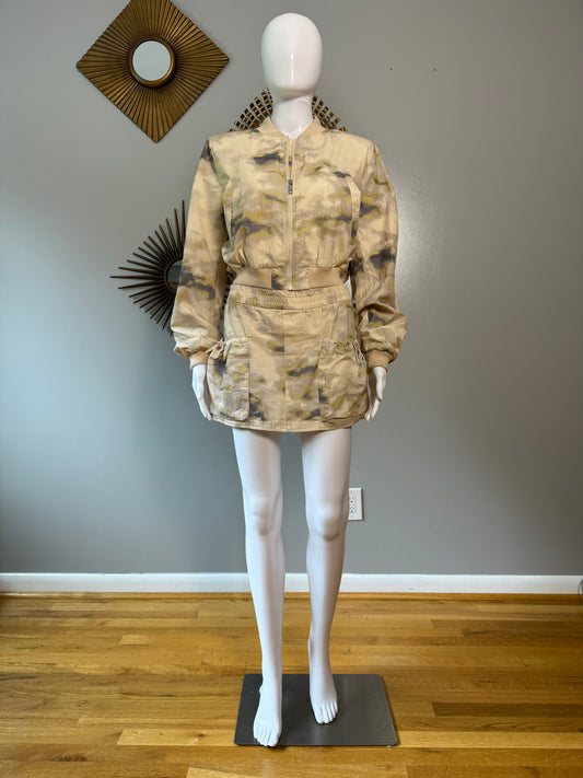 ZARA - Beige Printed Mini Cargo Skirt & Bomber Jacket Set