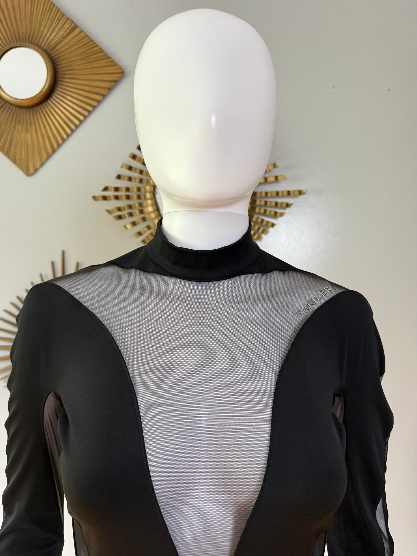 Mugler x H&M - Black Mesh Paneled Stirrup Bodysuit/Leggins Set