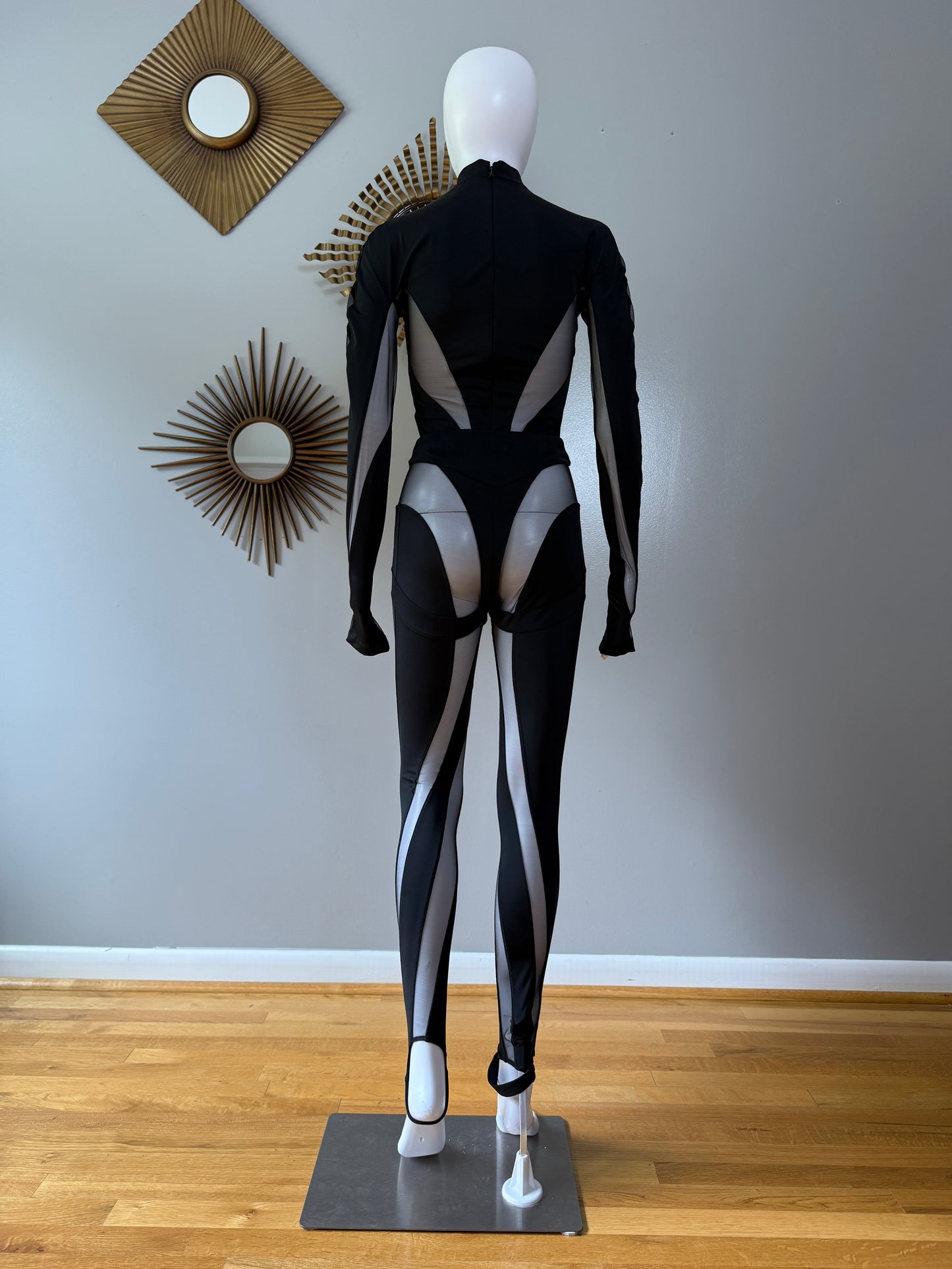 Mugler x H&M - Black Mesh Paneled Stirrup Bodysuit/Leggins Set
