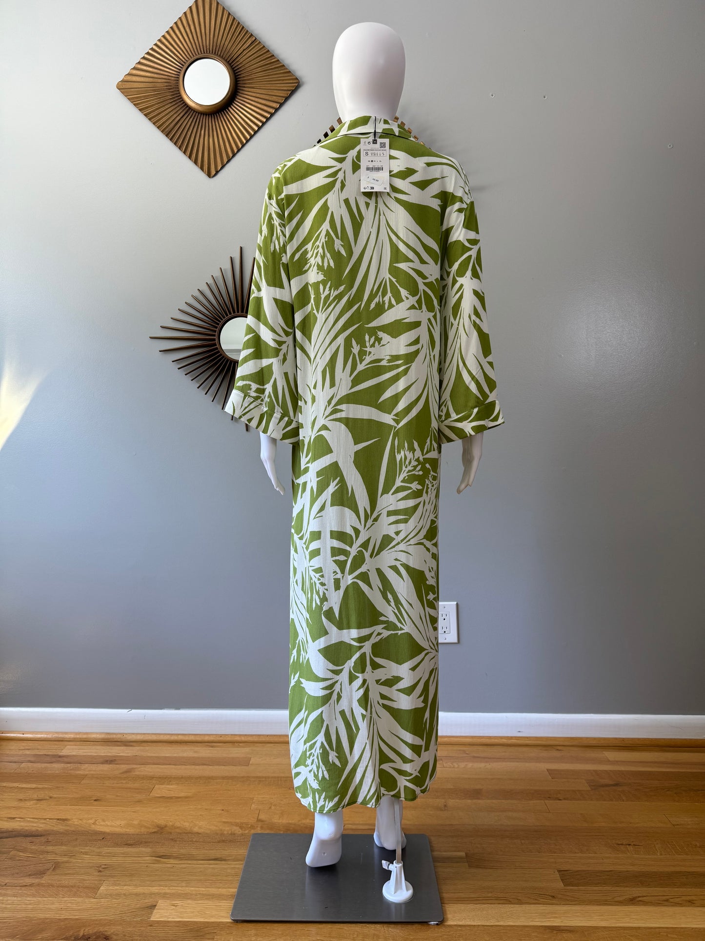 ZARA- Green Leaf Printed Kaftan Midi Dress