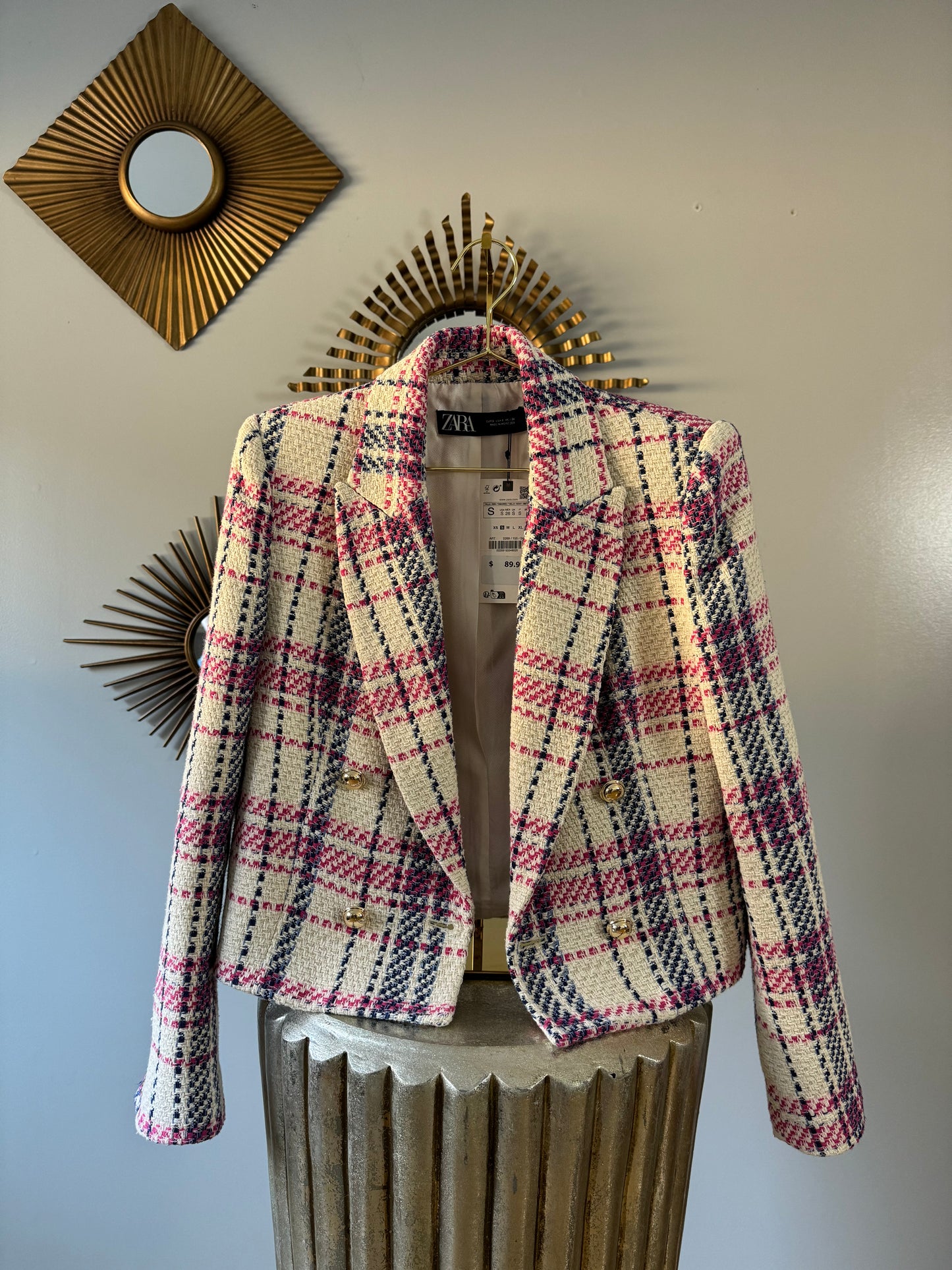 ZARA - BLUE & PINK PLAID TWEED DOUBLE BREASTED BLAZER