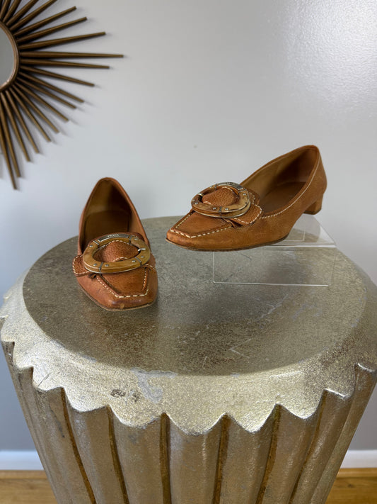 Prada - Tan Leather Loafers w/ Wood Accent