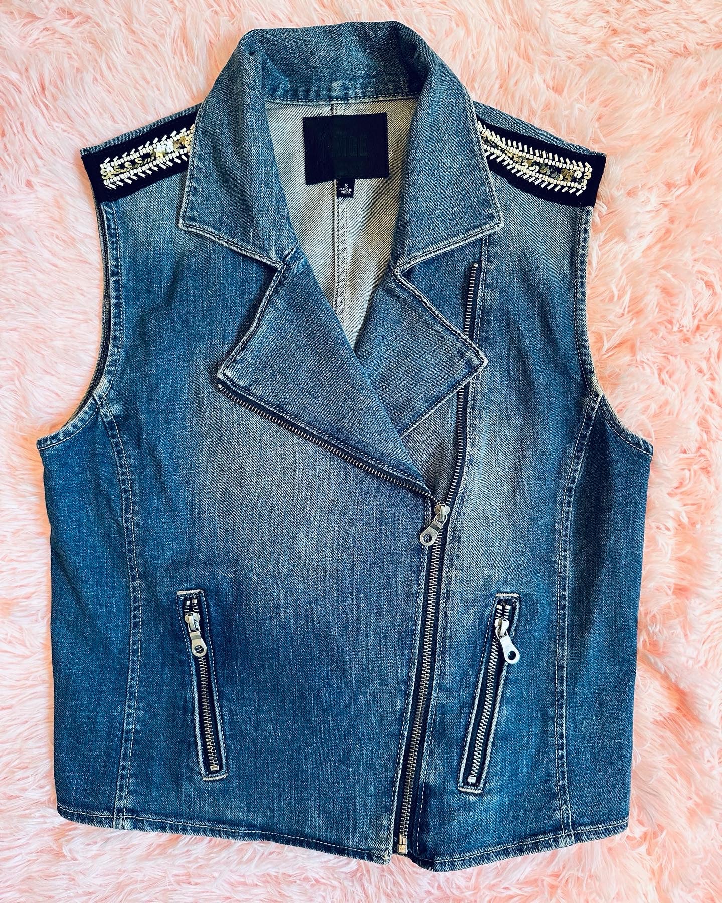 Paige - Chelsea Denim Vest w/ Beaded Shoulder Embellishments