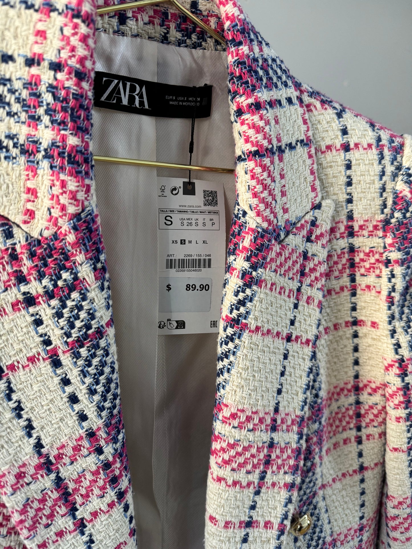 ZARA - BLUE & PINK PLAID TWEED DOUBLE BREASTED BLAZER