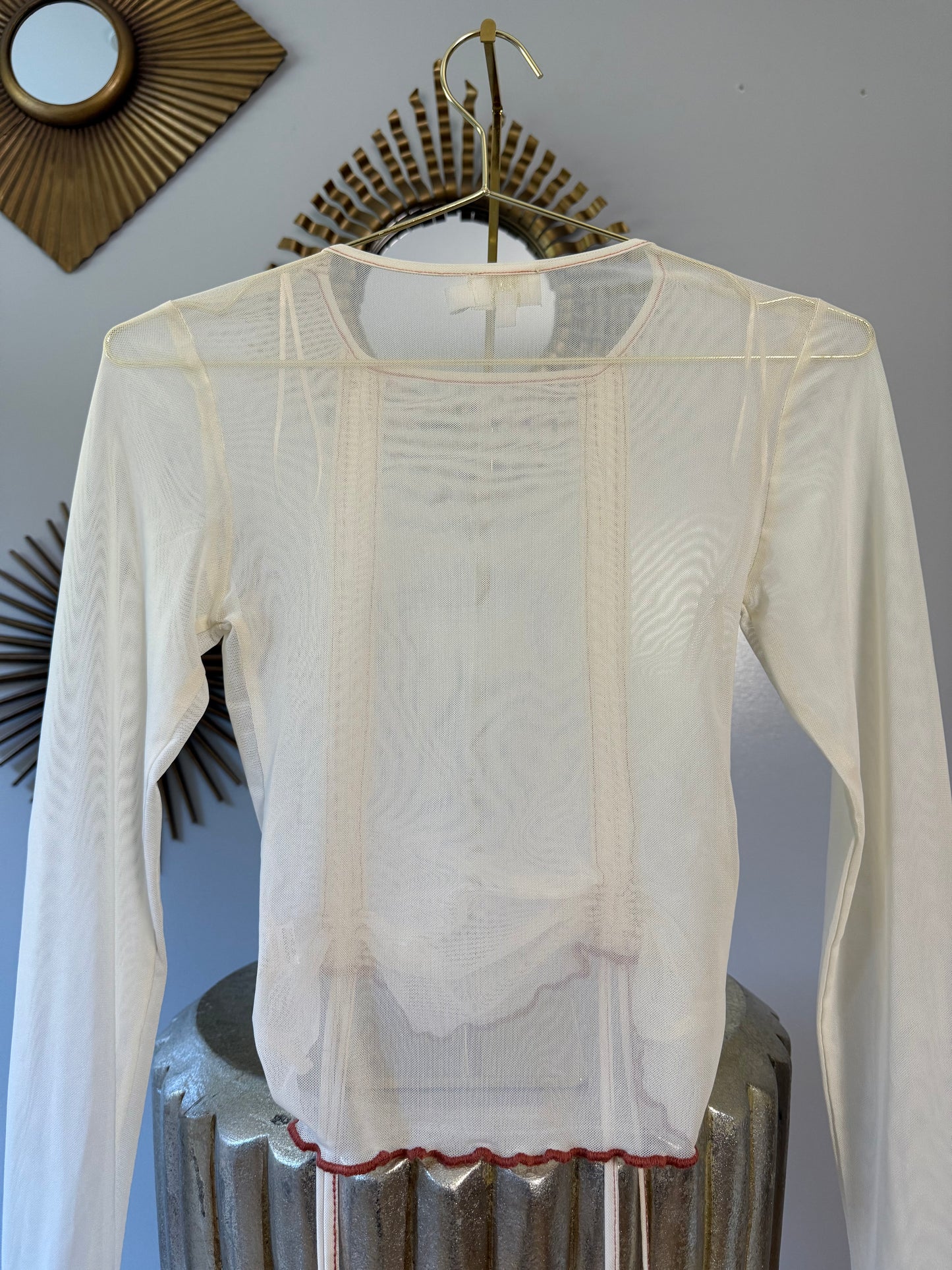 ZYA - Cream Mesh Long Ruffle Sleeve Blouse