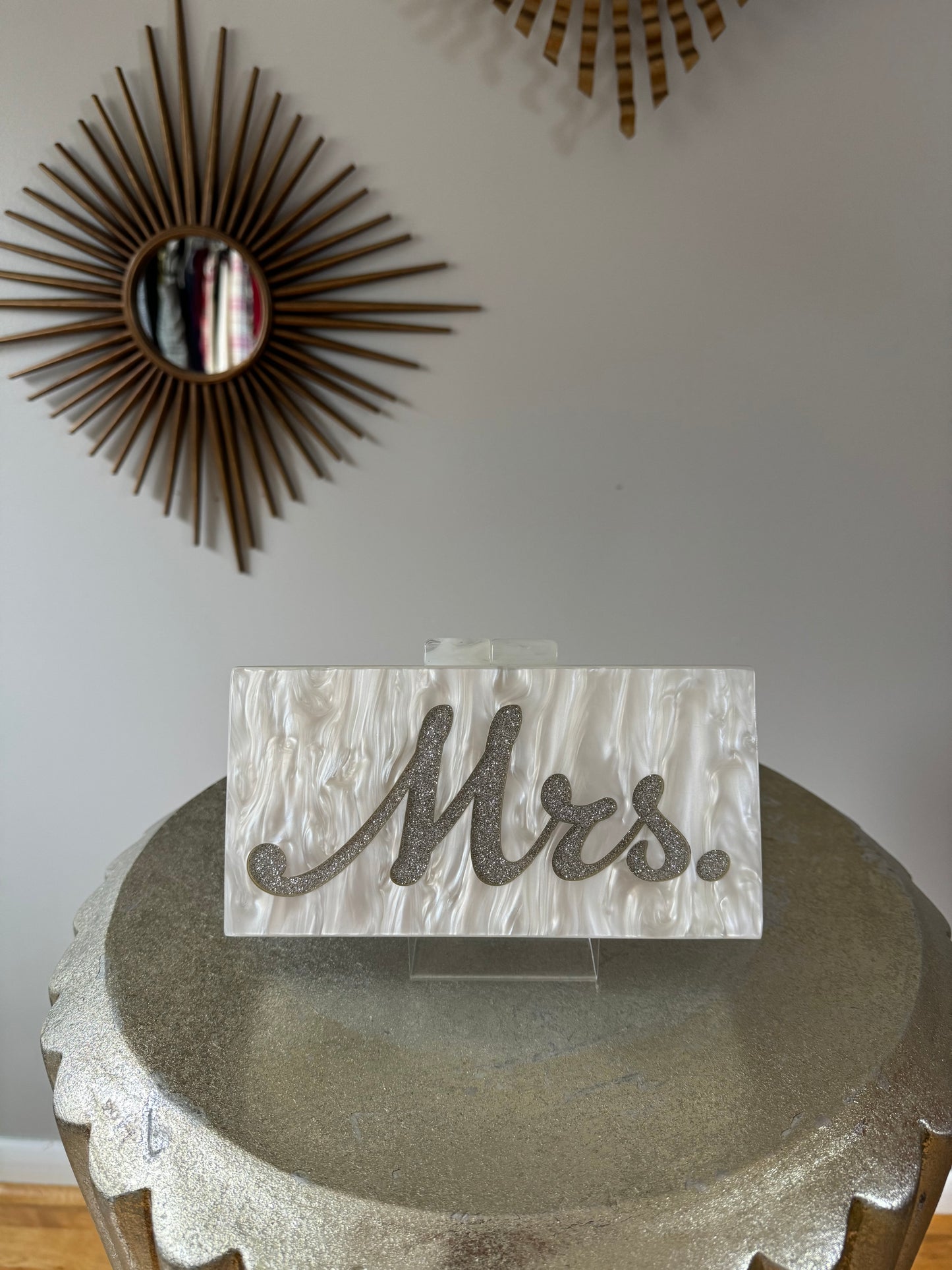 Lulu’s - White & Silver Mrs. Bridal Glitter Acrylic Clutch