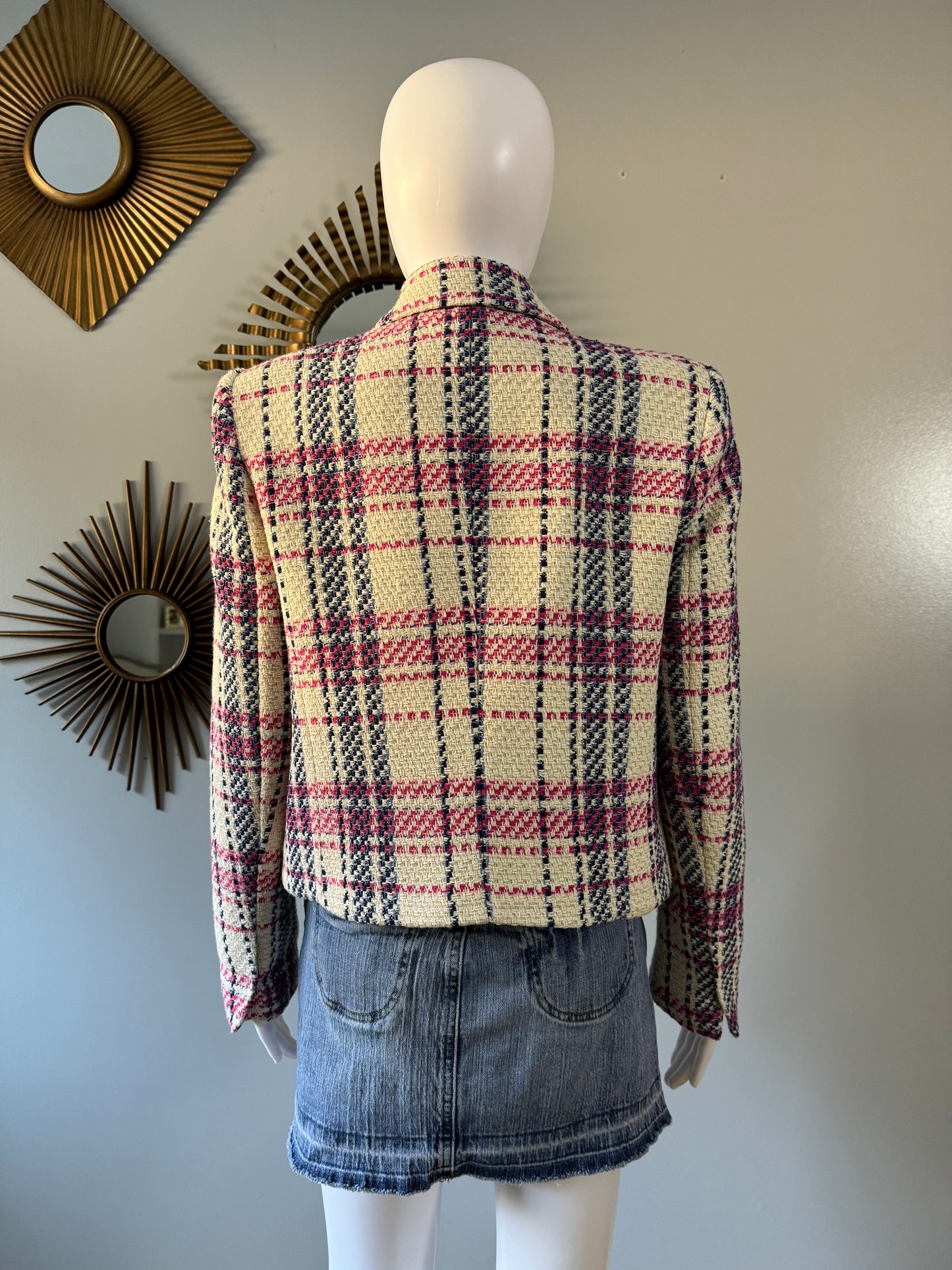 ZARA - BLUE & PINK PLAID TWEED DOUBLE BREASTED BLAZER