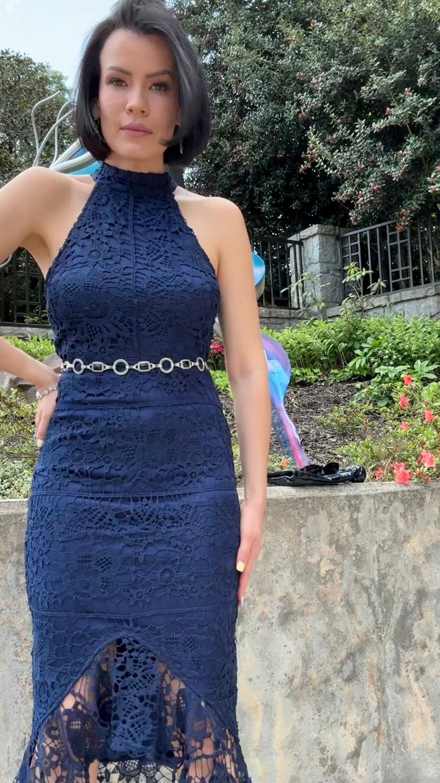 Missguided - Blue Lace High Neck Fishtail Dress