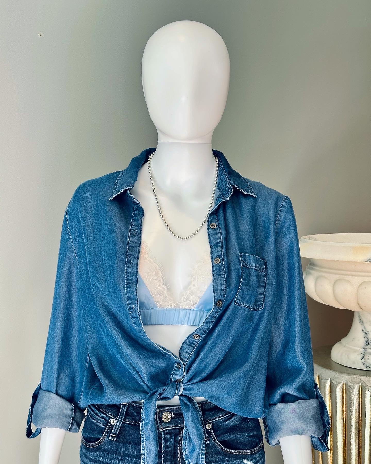 Forever 21 - Blue Denim Front Tie Crop Top