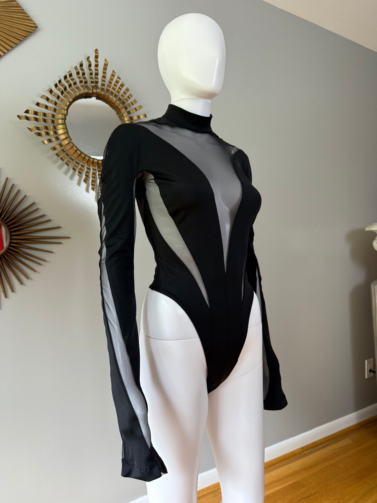 Mugler x H&M - Black Mesh Paneled Stirrup Bodysuit/Leggins Set