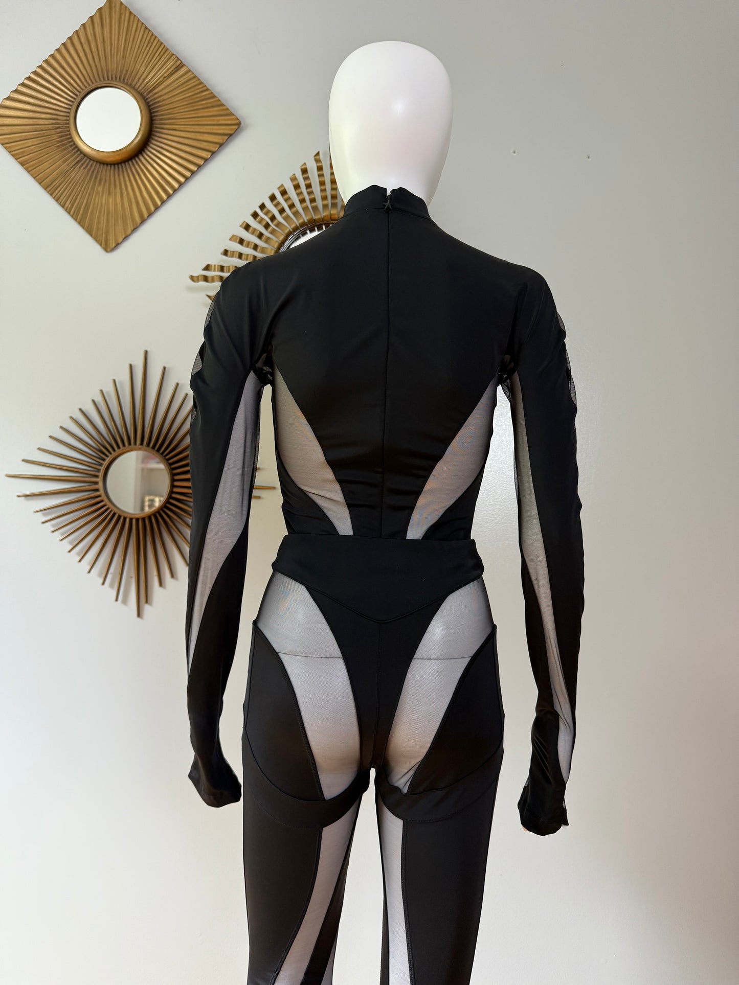Mugler x H&M - Black Mesh Paneled Stirrup Bodysuit/Leggins Set