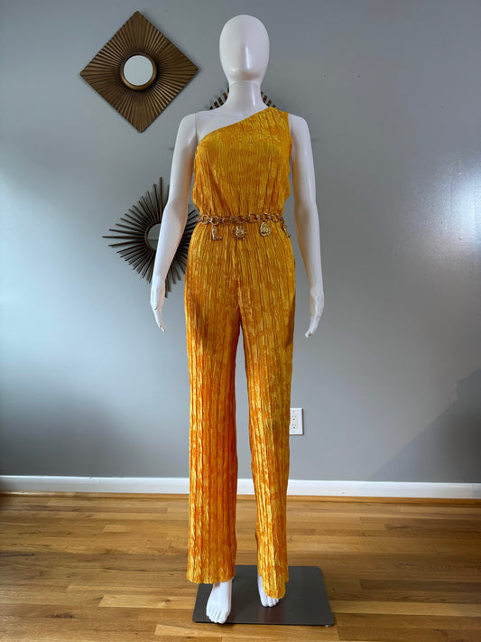 Zara - Gold Jacquard One Shoulder Jumpsuit