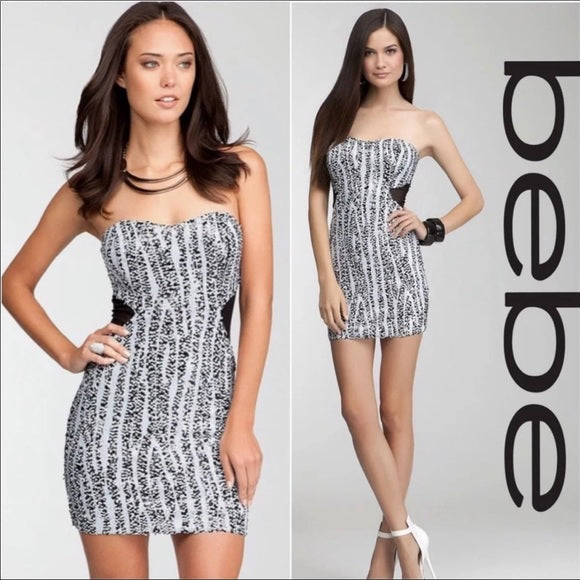 Bebe - Black & White Sequin Strapless Mini Dress