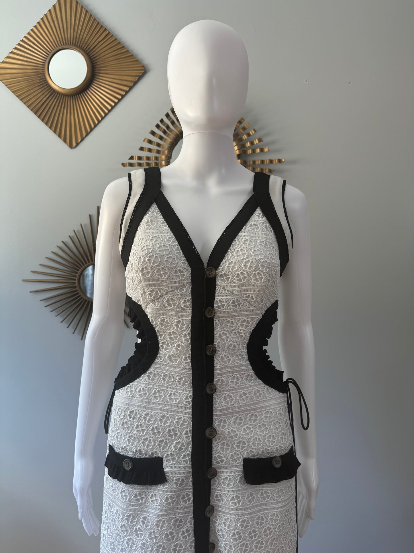 Self Portrait - Black & White Midi Dress w/ Side Cutouts