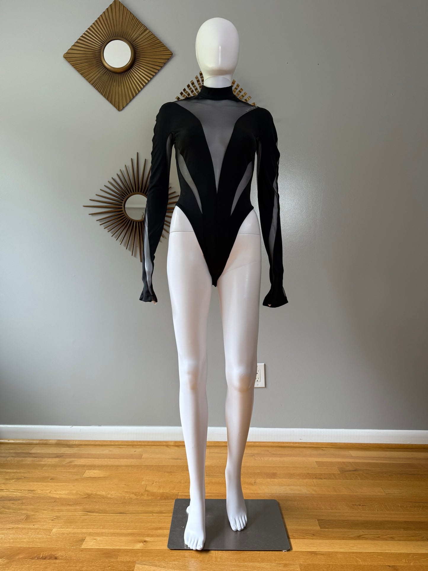 Mugler x H&M - Black Mesh Paneled Stirrup Bodysuit/Leggins Set