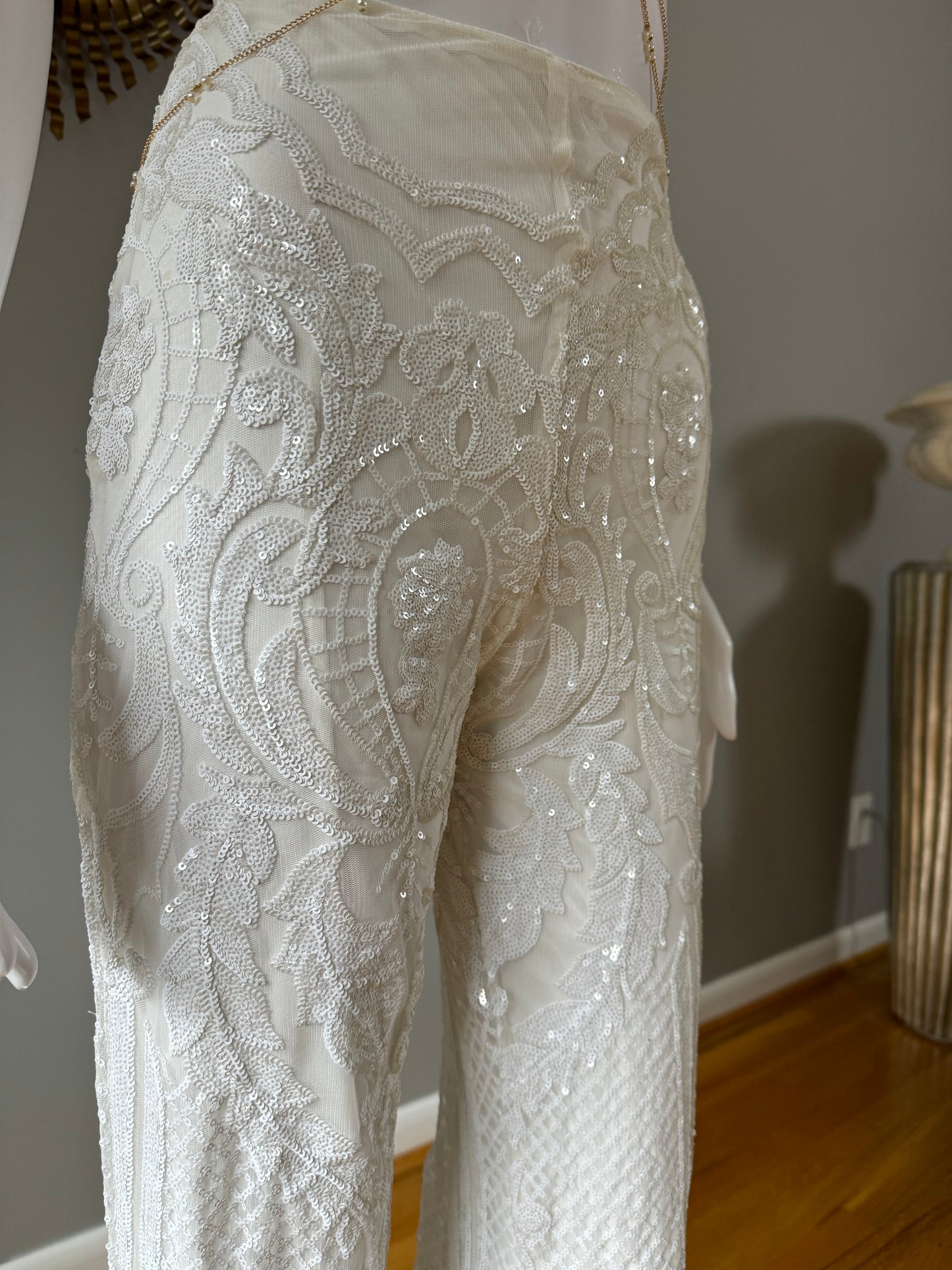 Club L London - White Allover Baroque Sequin Flare Pants