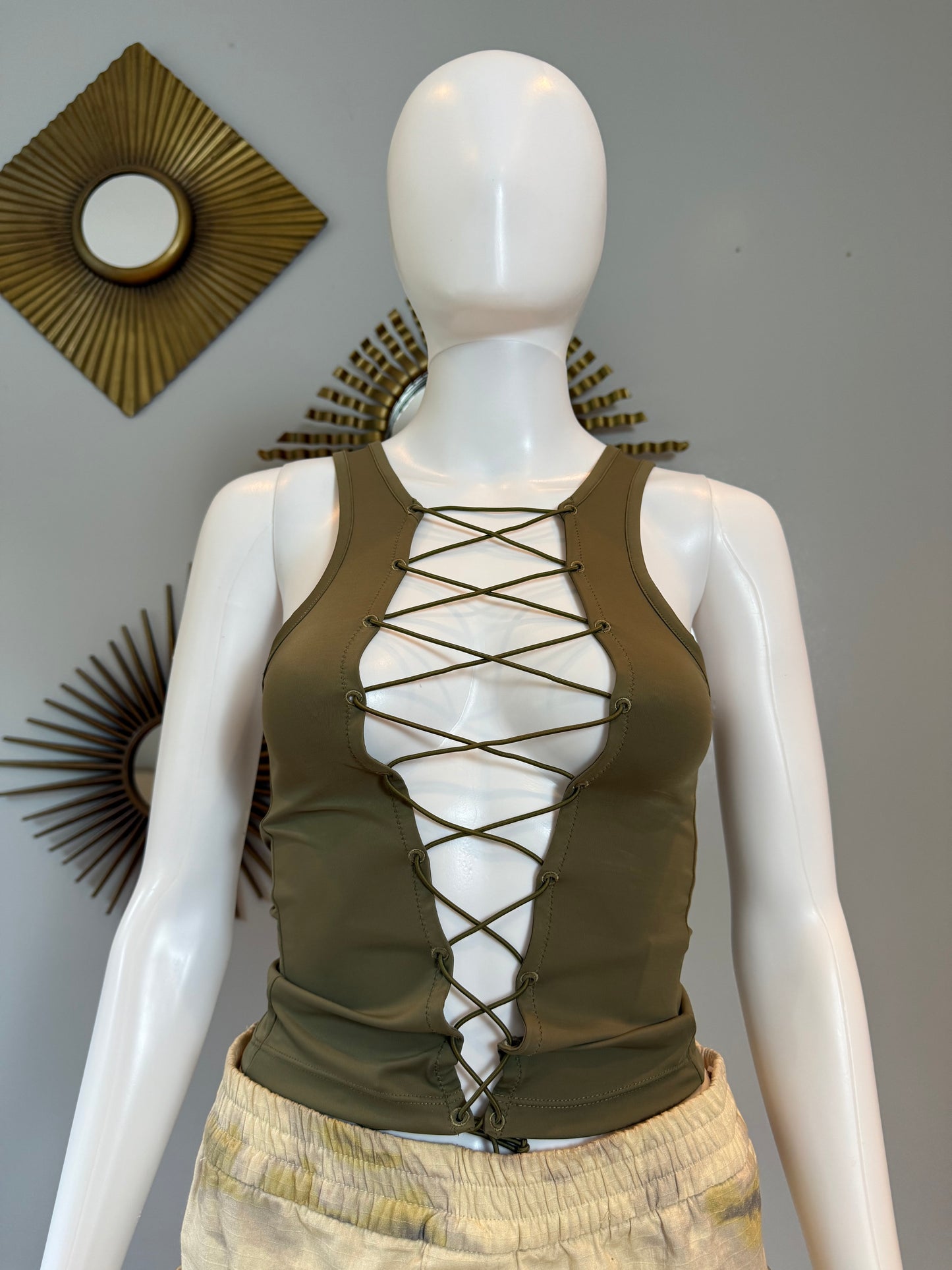 Miaou - Green Moss Lace Up Tank Top