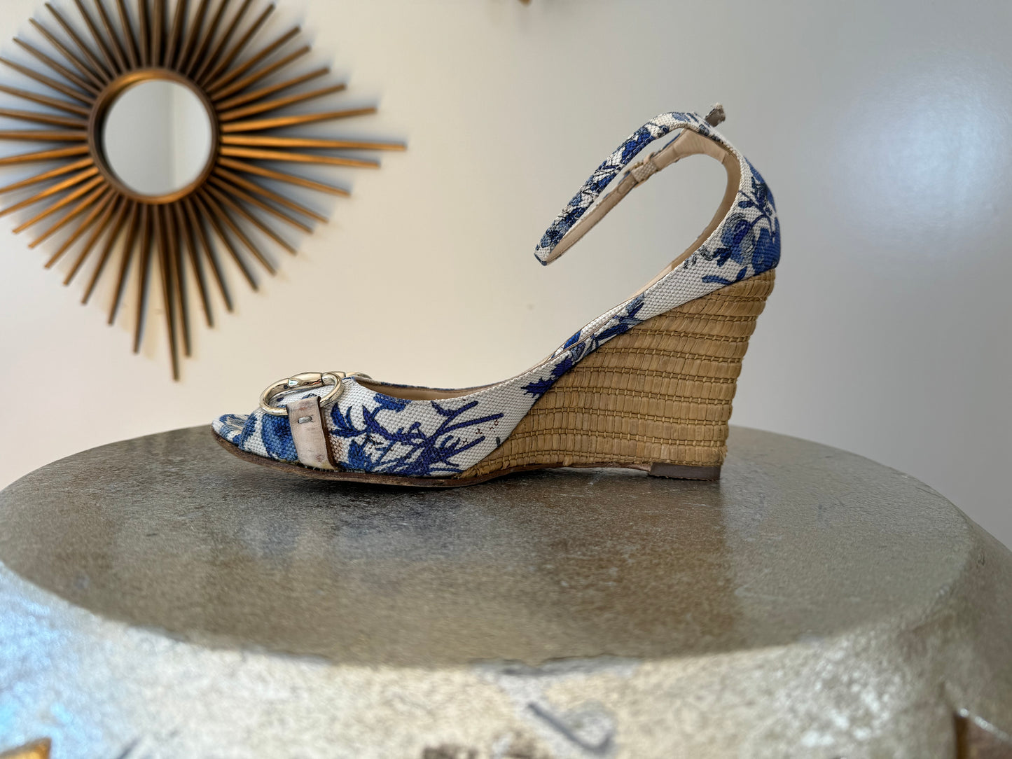 GUCCI -  Blue Floral Horsebit Raffia Wedge Sandals