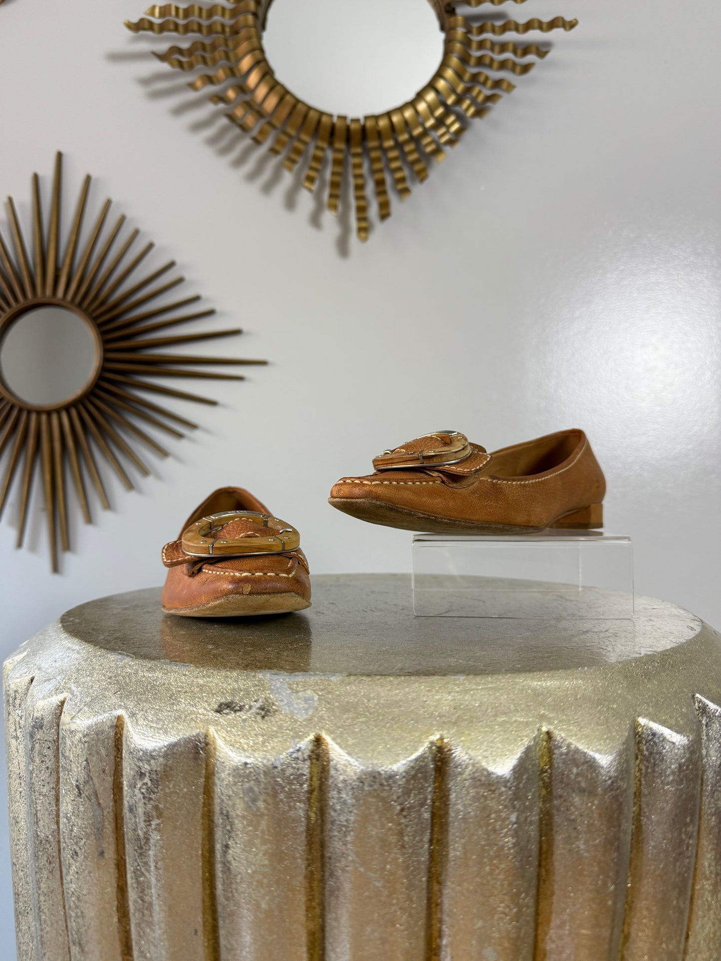 Prada - Tan Leather Loafers w/ Wood Accent
