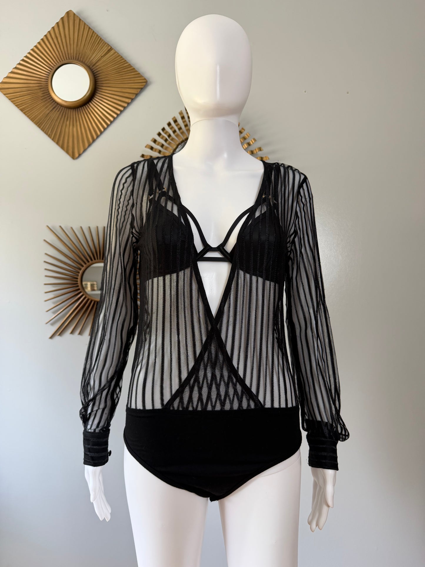 Superdown- Black Dila Sheer Striped Bodysuit