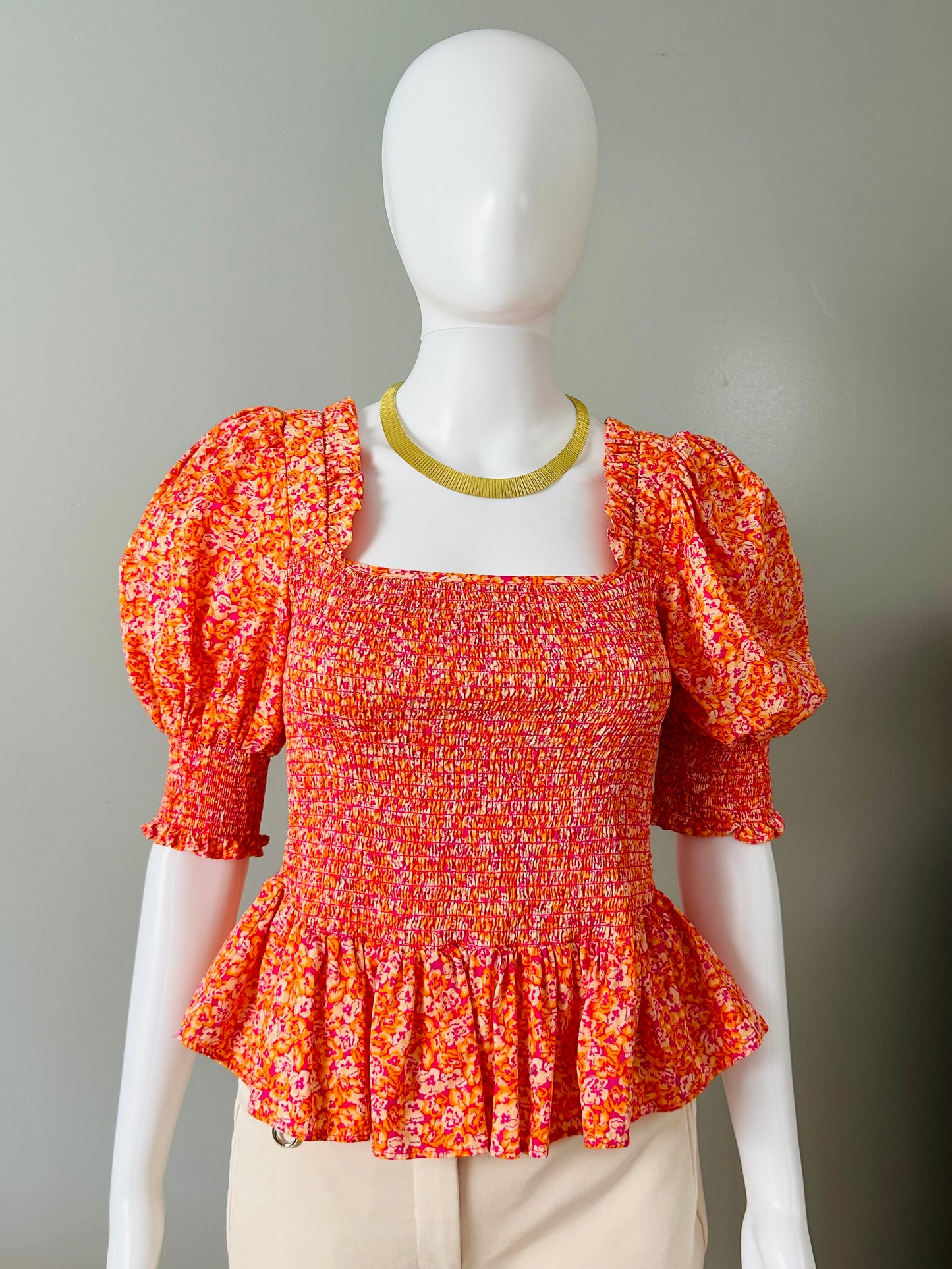 CeCe - Orange Top w/ Puff Sleeves