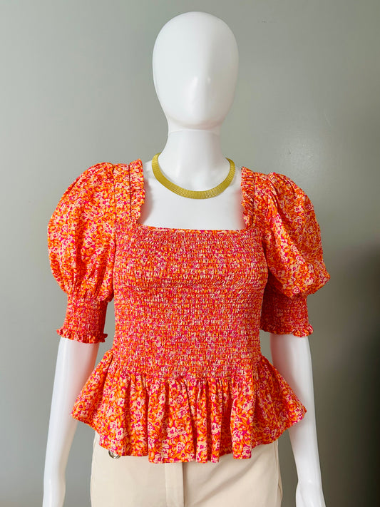 CeCe - Orange Top w/ Puff Sleeves