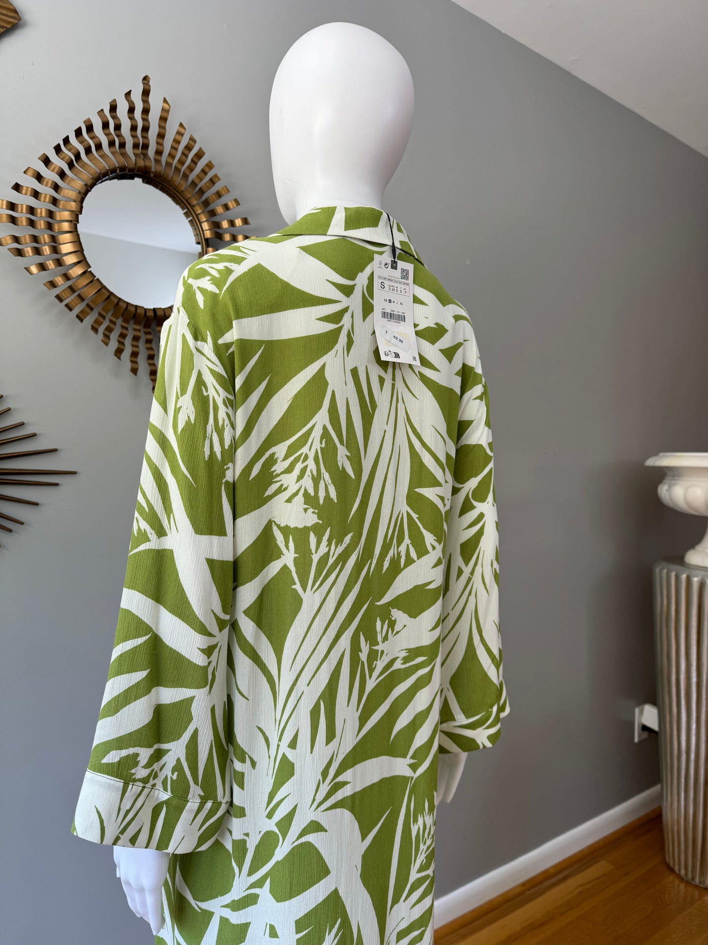 ZARA- Green Leaf Printed Kaftan Midi Dress