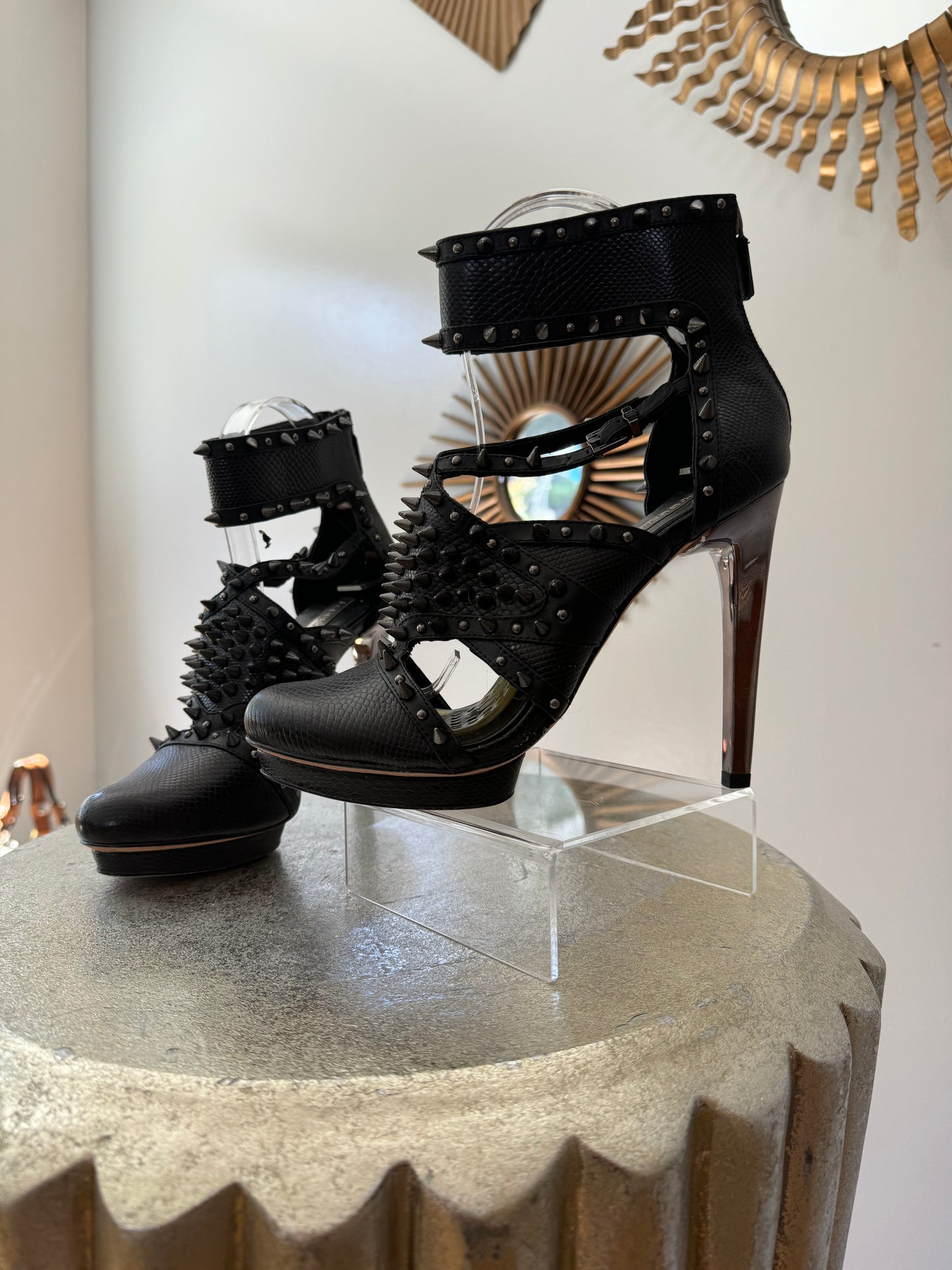 BCBGMAXAZRIA - Black Snake Embossed Spiked Vamp Pumps