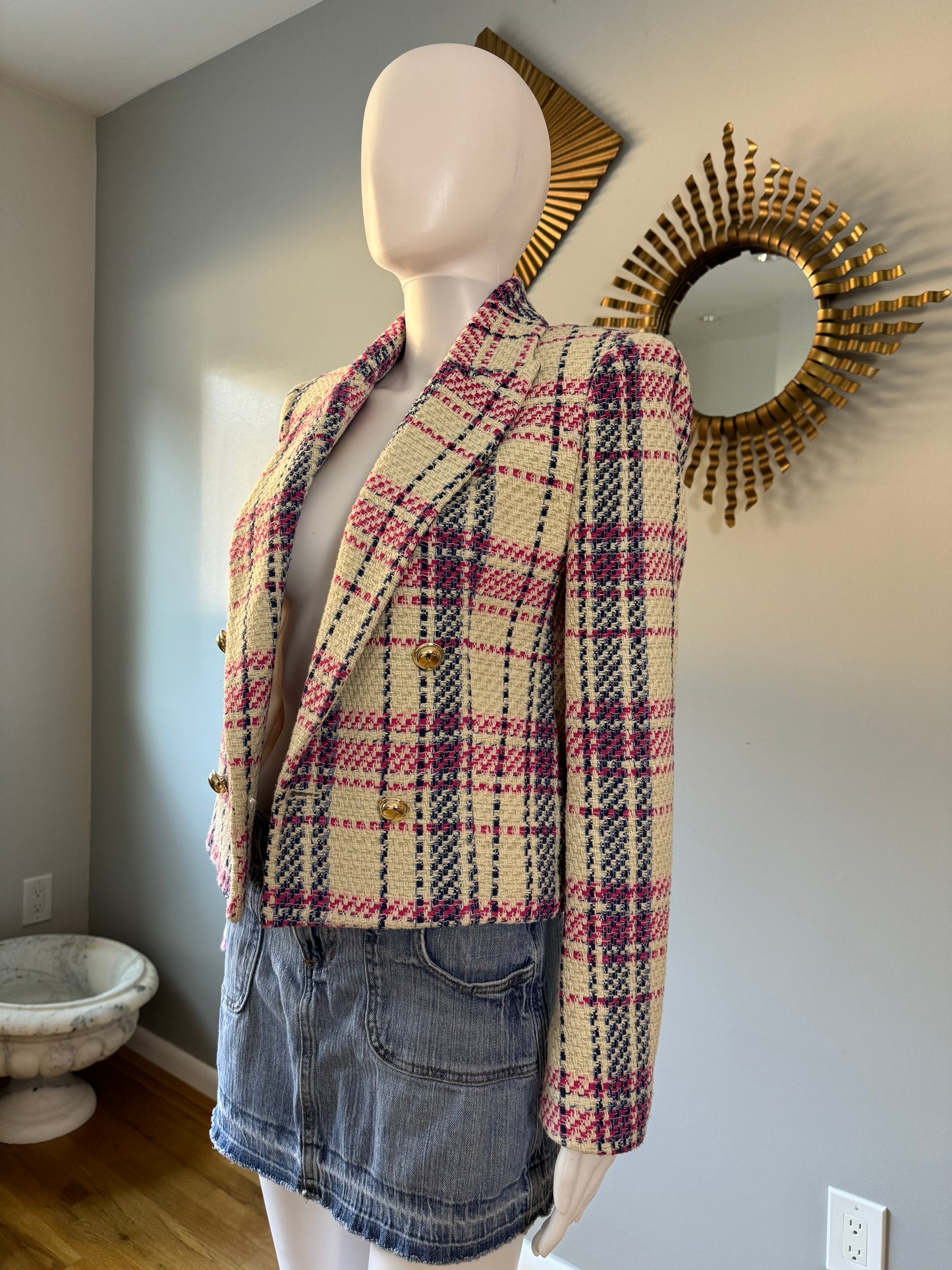 ZARA - BLUE & PINK PLAID TWEED DOUBLE BREASTED BLAZER