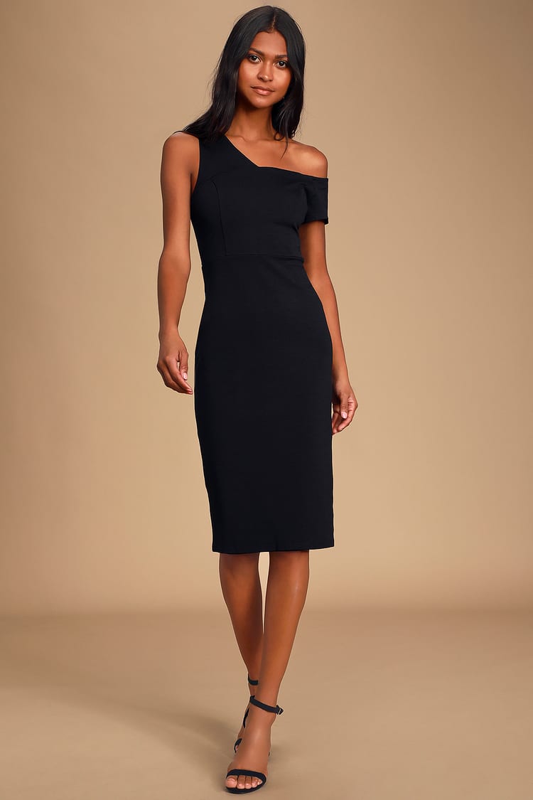 Lulu’s - Black One Shoulder Bodycon Midi Dress