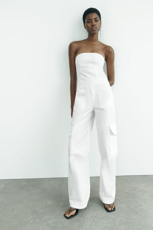 ZARA - White Strapless Cargo Jumpsuit