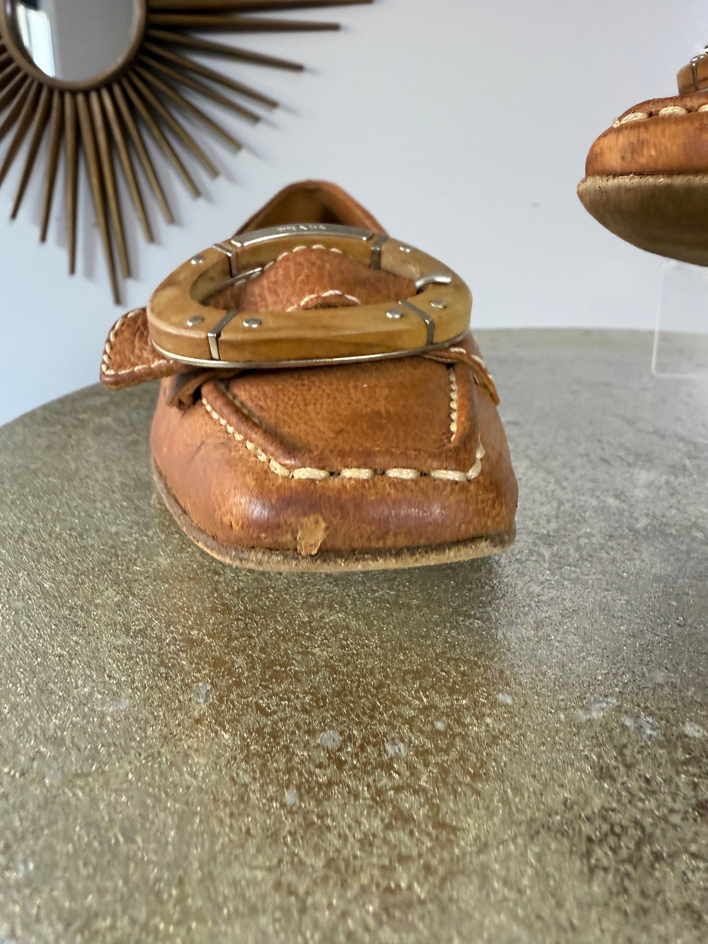 Prada - Tan Leather Loafers w/ Wood Accent