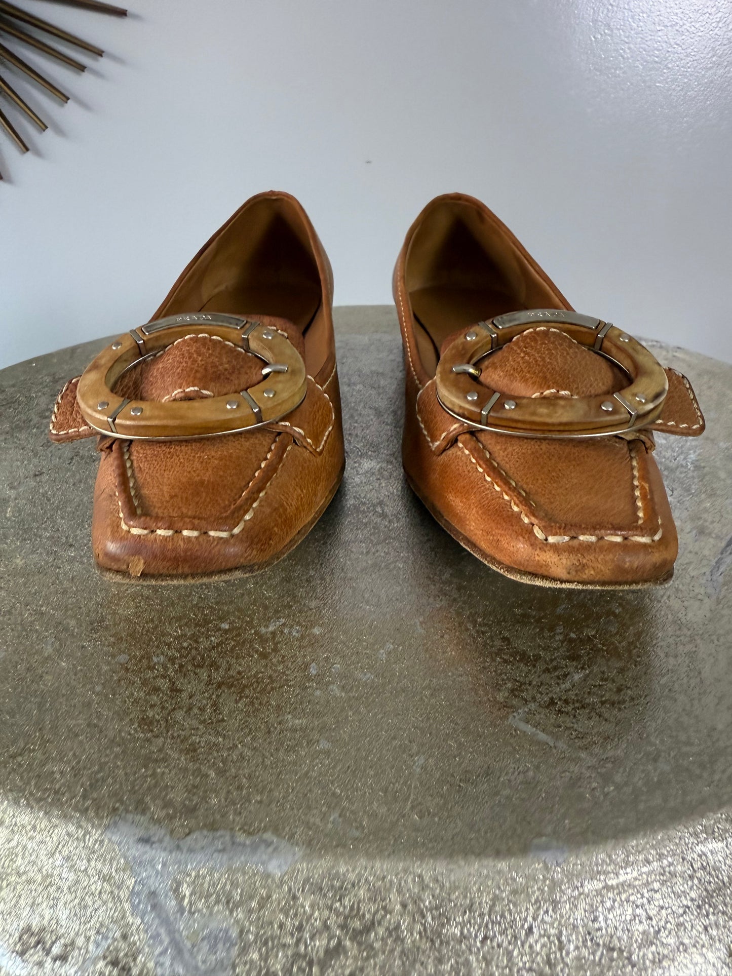 Prada - Tan Leather Loafers w/ Wood Accent