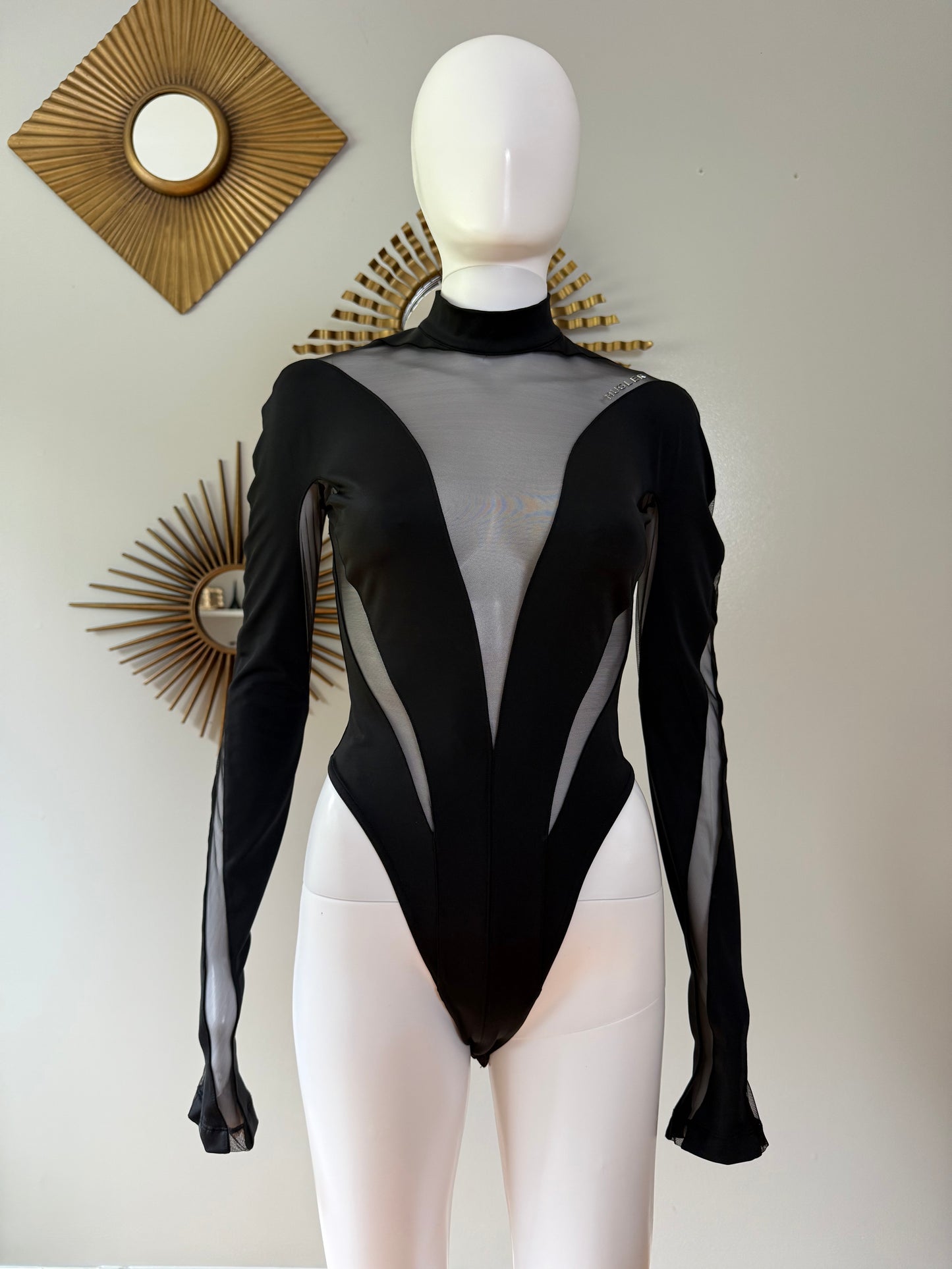 Mugler x H&M - Black Mesh Paneled Stirrup Bodysuit/Leggins Set