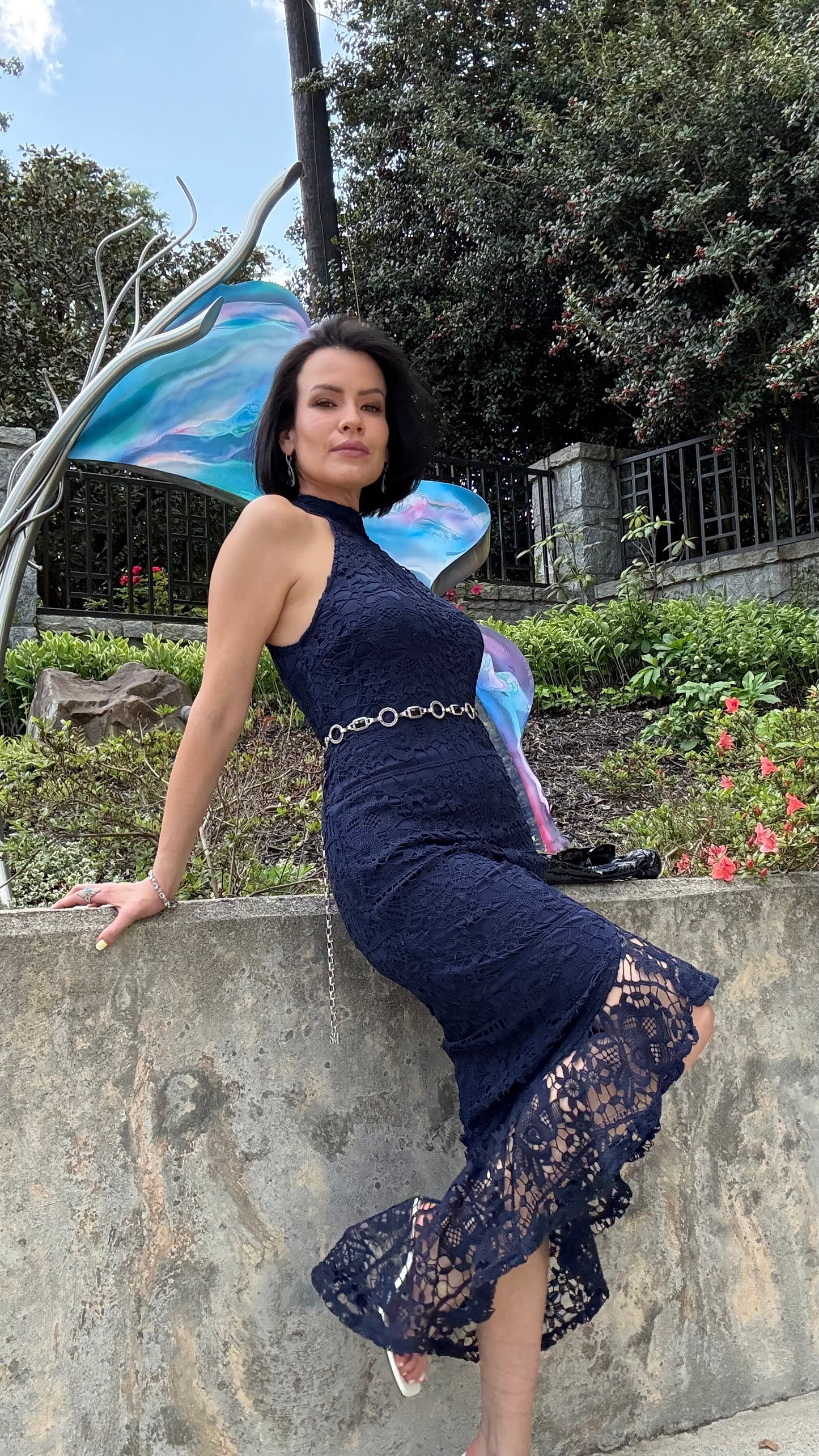 Missguided - Blue Lace High Neck Fishtail Dress